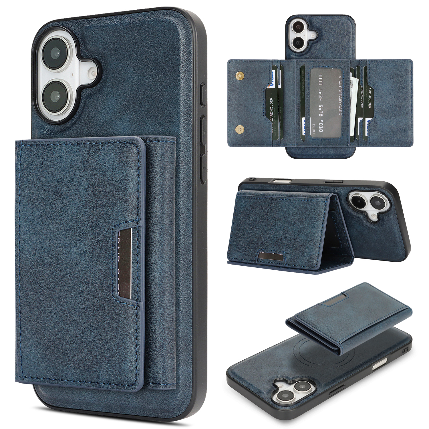For iPhone 17 Kickstand Case Tri-fold Card Bag PU Leather Coated TPU Cover Compatible with MagSafe - Blue