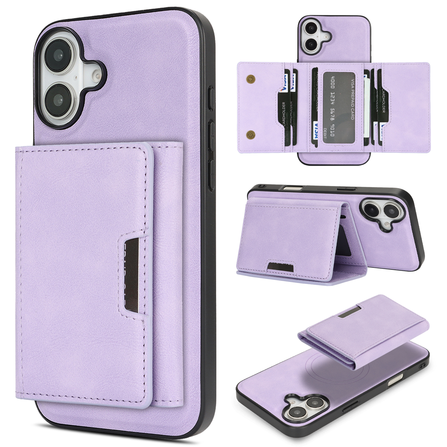 For iPhone 17 Kickstand Case Tri-fold Card Bag PU Leather Coated TPU Cover Compatible with MagSafe - Purple