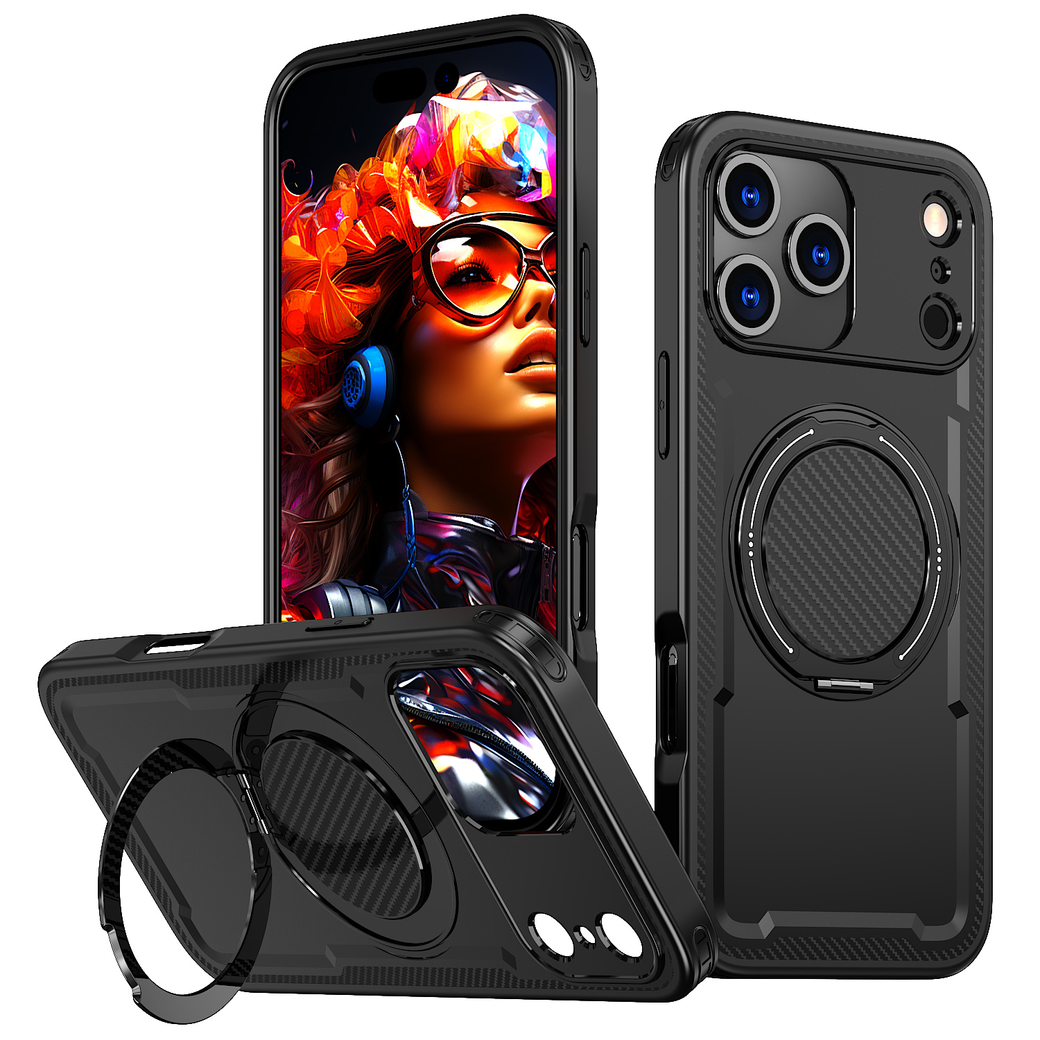 For iPhone 17 Pro Max Case Compatible with MagSafe TPU + PC Phone Cover with Damping Rotating Stand - Black