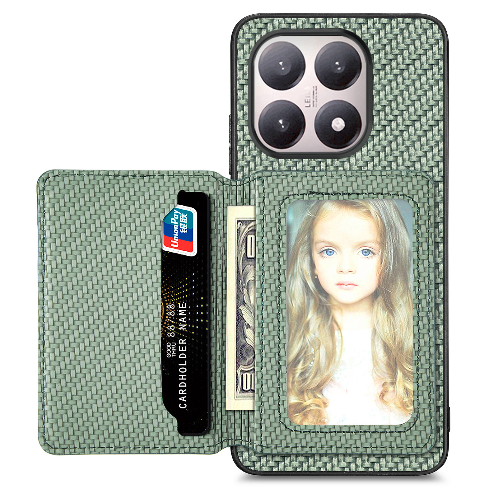 For Xiaomi 15T Case RFID Blocking Carbon Fiber Leather Phone Back Cover with Card Holder - Green