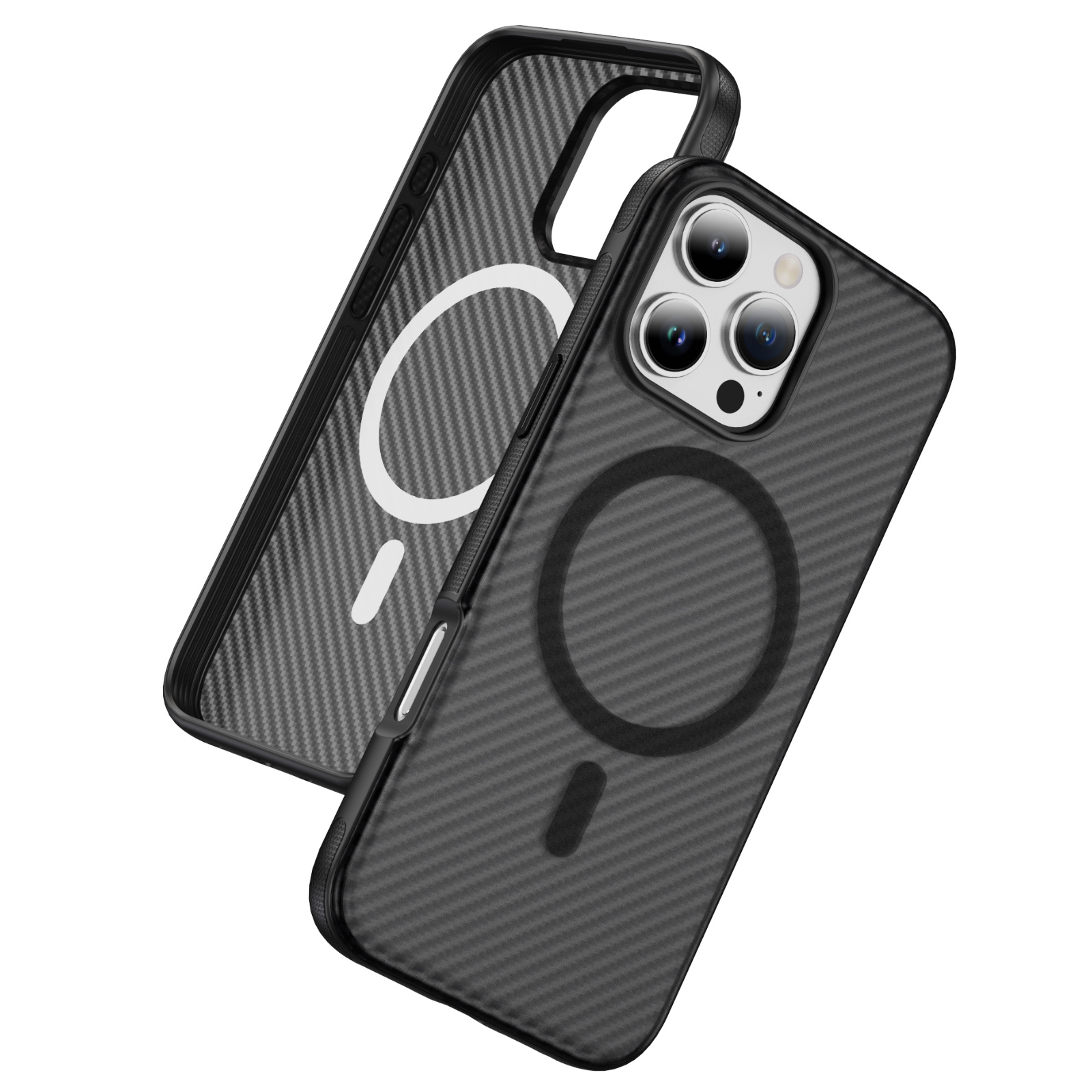 For iPhone 16 Pro Max Skin-touch Case Carbon Fiber Texture PC + TPU Back Cover Compatible with MagSafe - Bright Grey+Black