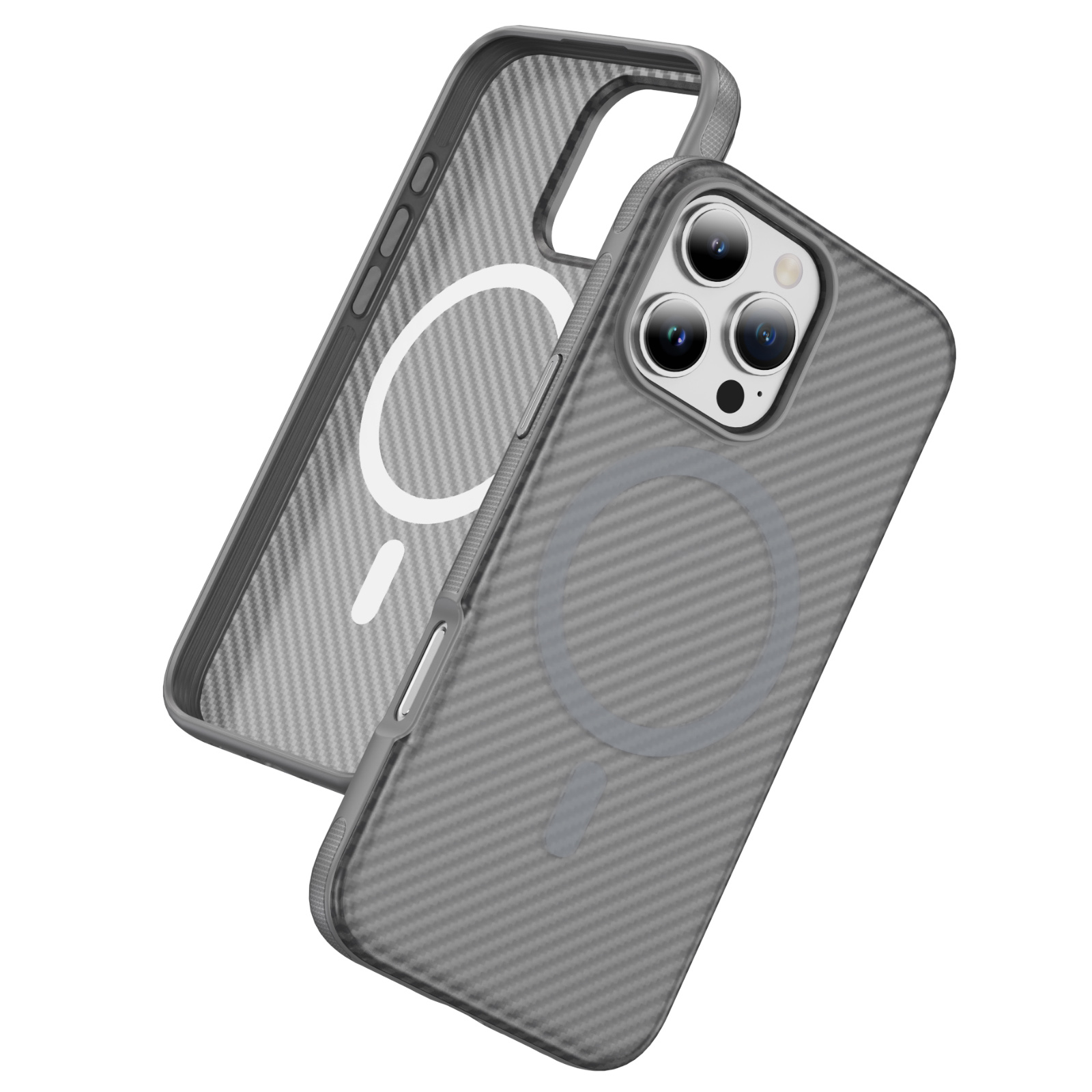 For iPhone 16 Pro Max Skin-touch Case Carbon Fiber Texture PC + TPU Back Cover Compatible with MagSafe - Bright Grey+Grey