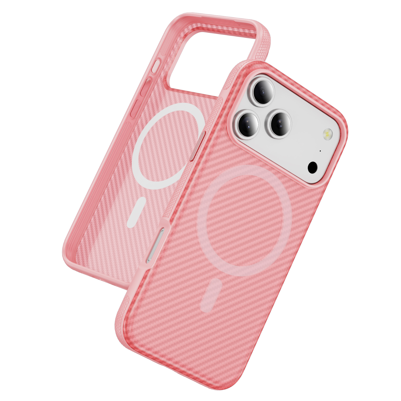For iPhone 17 Pro Max Skin-touch Case Carbon Fiber Texture PC + TPU Back Cover Compatible with MagSafe - Bright Pink+Bright Red