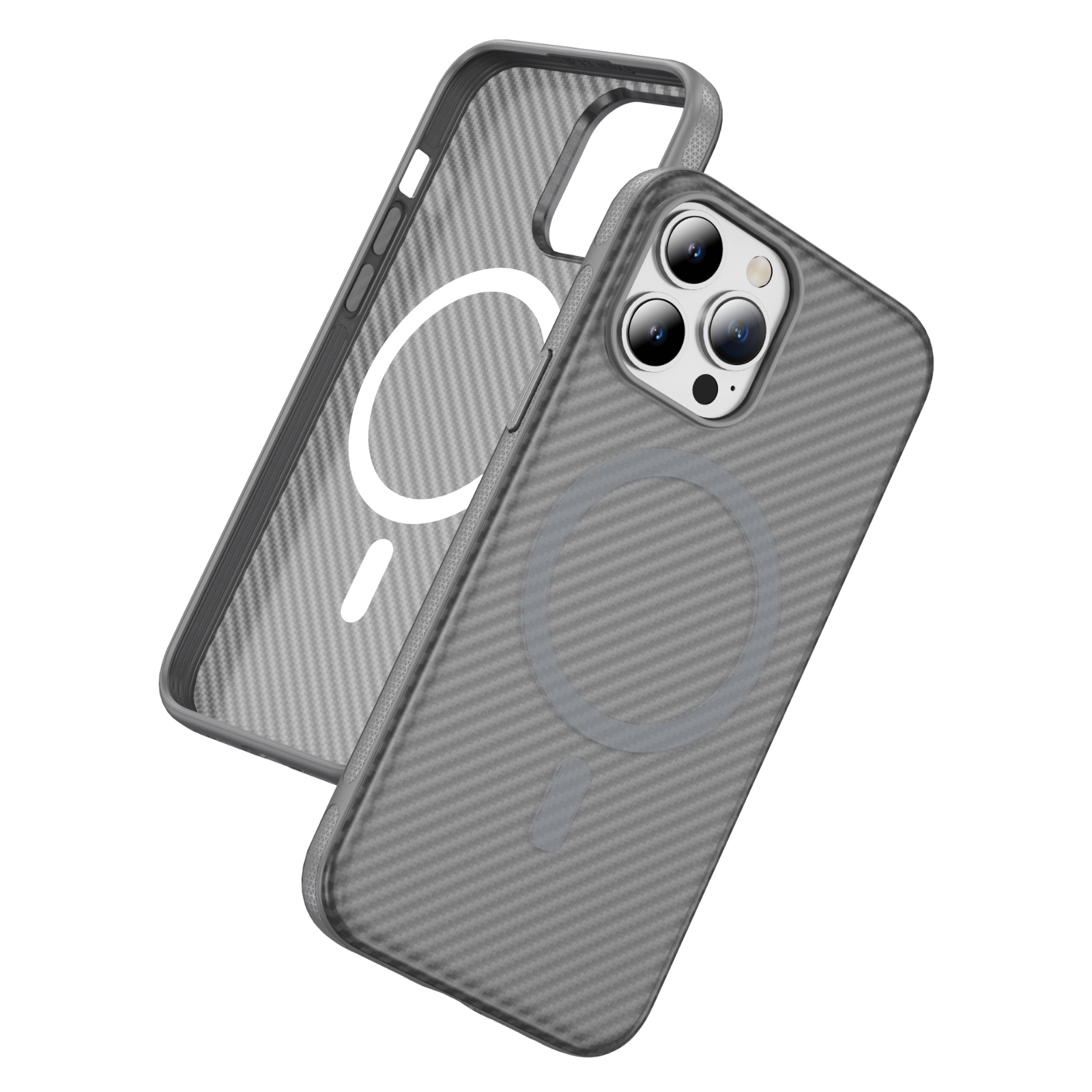 For iPhone 15 Pro Max Skin-touch Case Carbon Fiber Texture PC + TPU Back Cover Compatible with MagSafe - Bright Grey+Grey