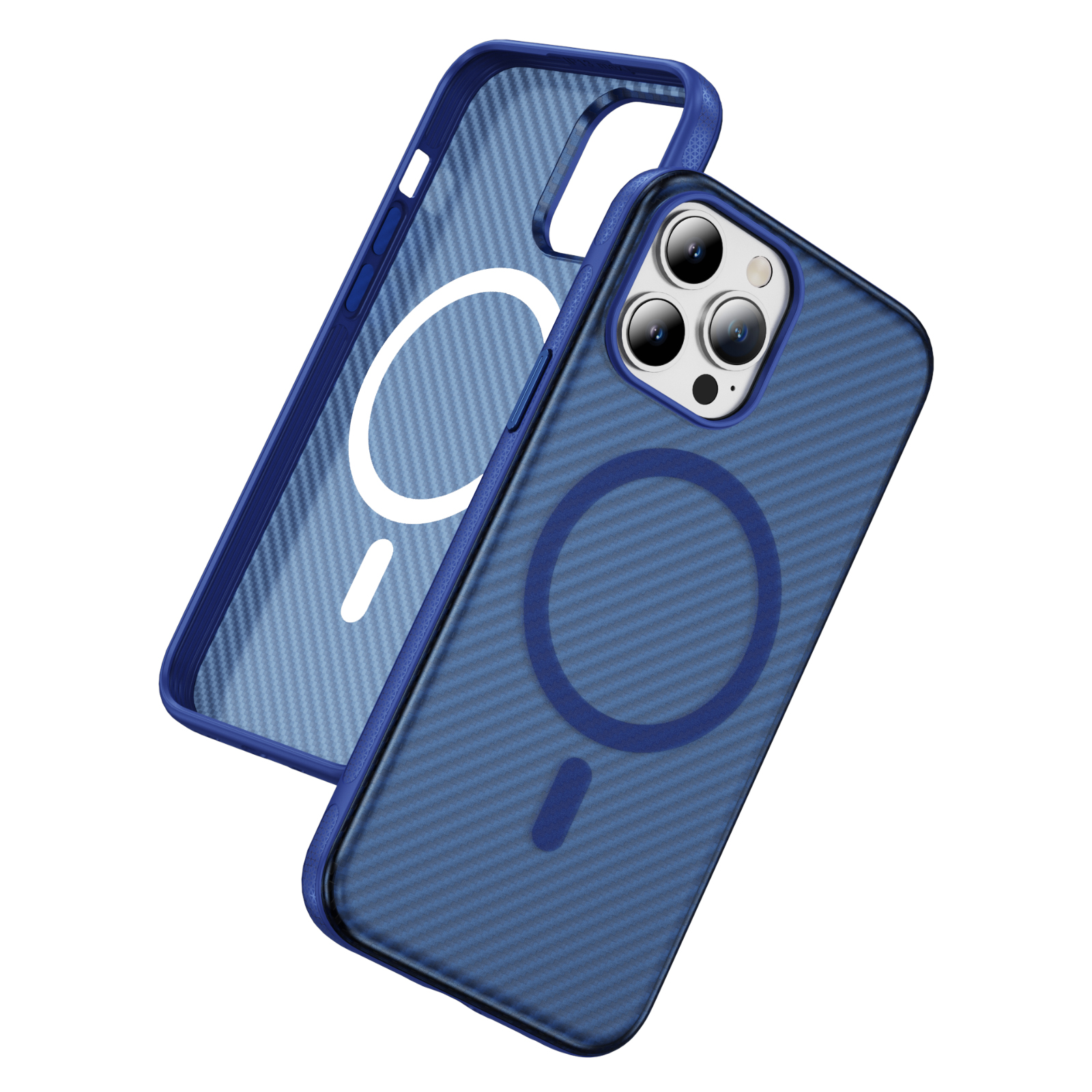 For iPhone 15 Pro Max Skin-touch Case Carbon Fiber Texture PC + TPU Back Cover Compatible with MagSafe - Transparent Blue+Sapphire