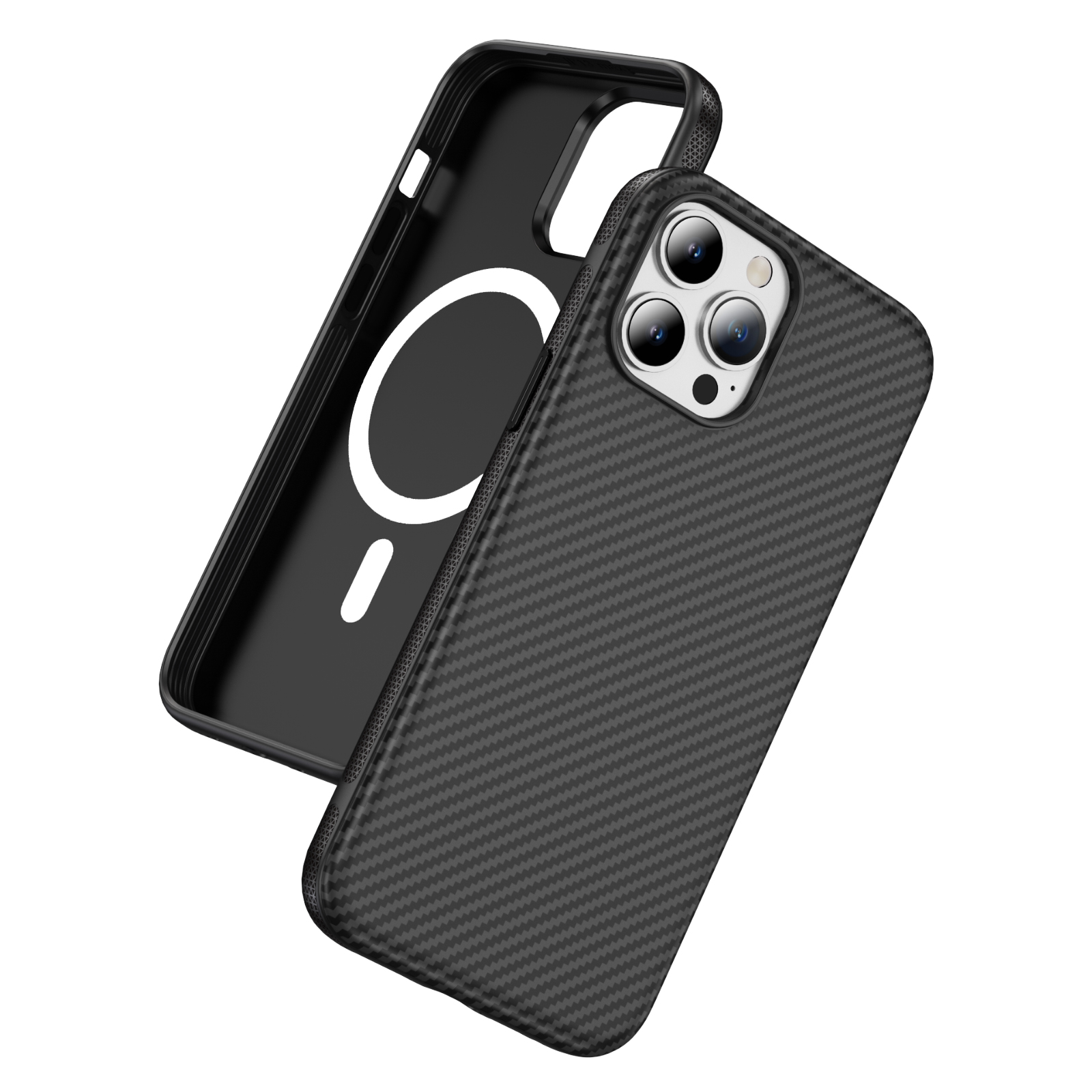 For iPhone 14 Pro Max Skin-touch Case Carbon Fiber Texture PC + TPU Back Cover Compatible with MagSafe - Black+Black