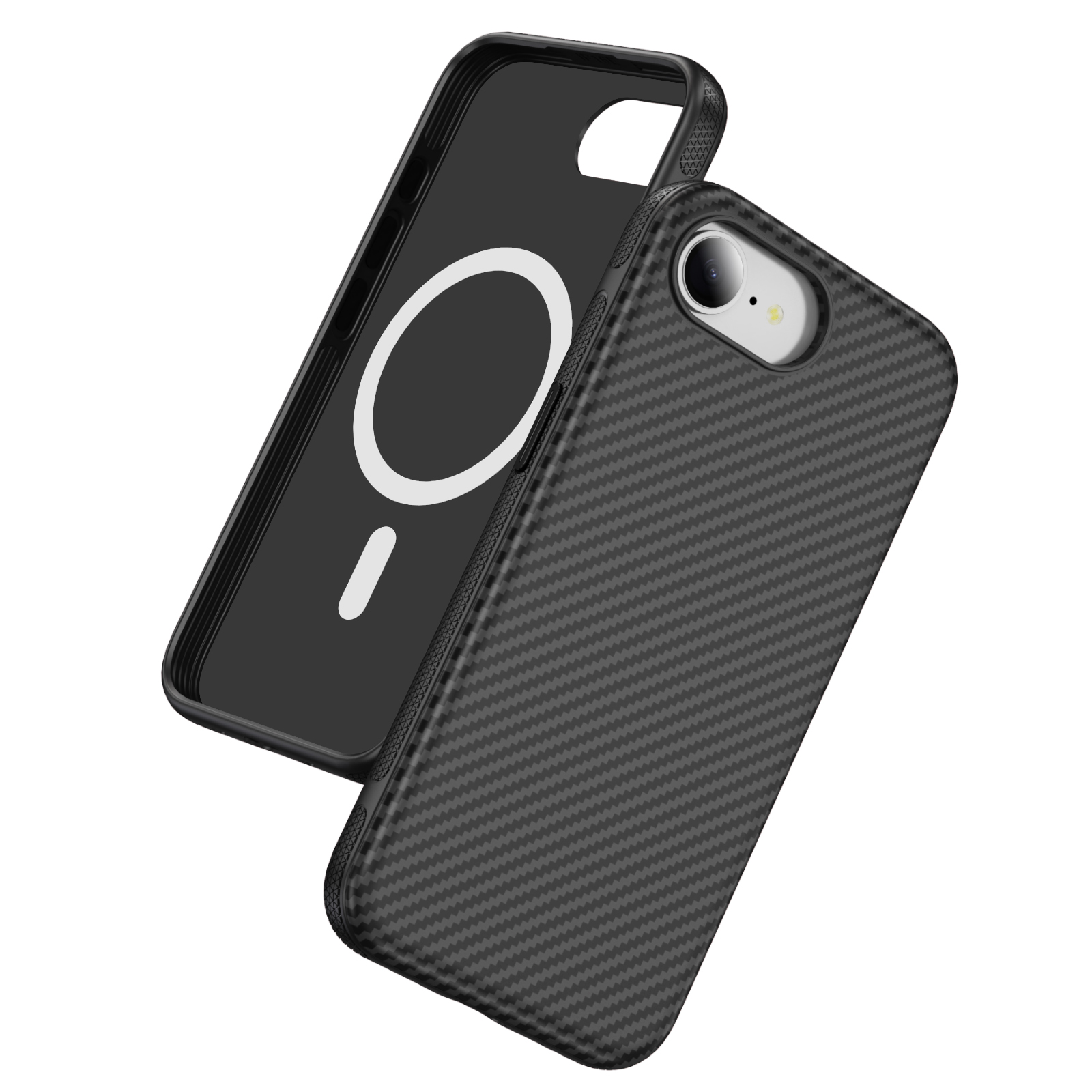 For iPhone 17e / 16e Skin-touch Case Carbon Fiber Texture PC + TPU Back Cover Compatible with MagSafe - Black+Black