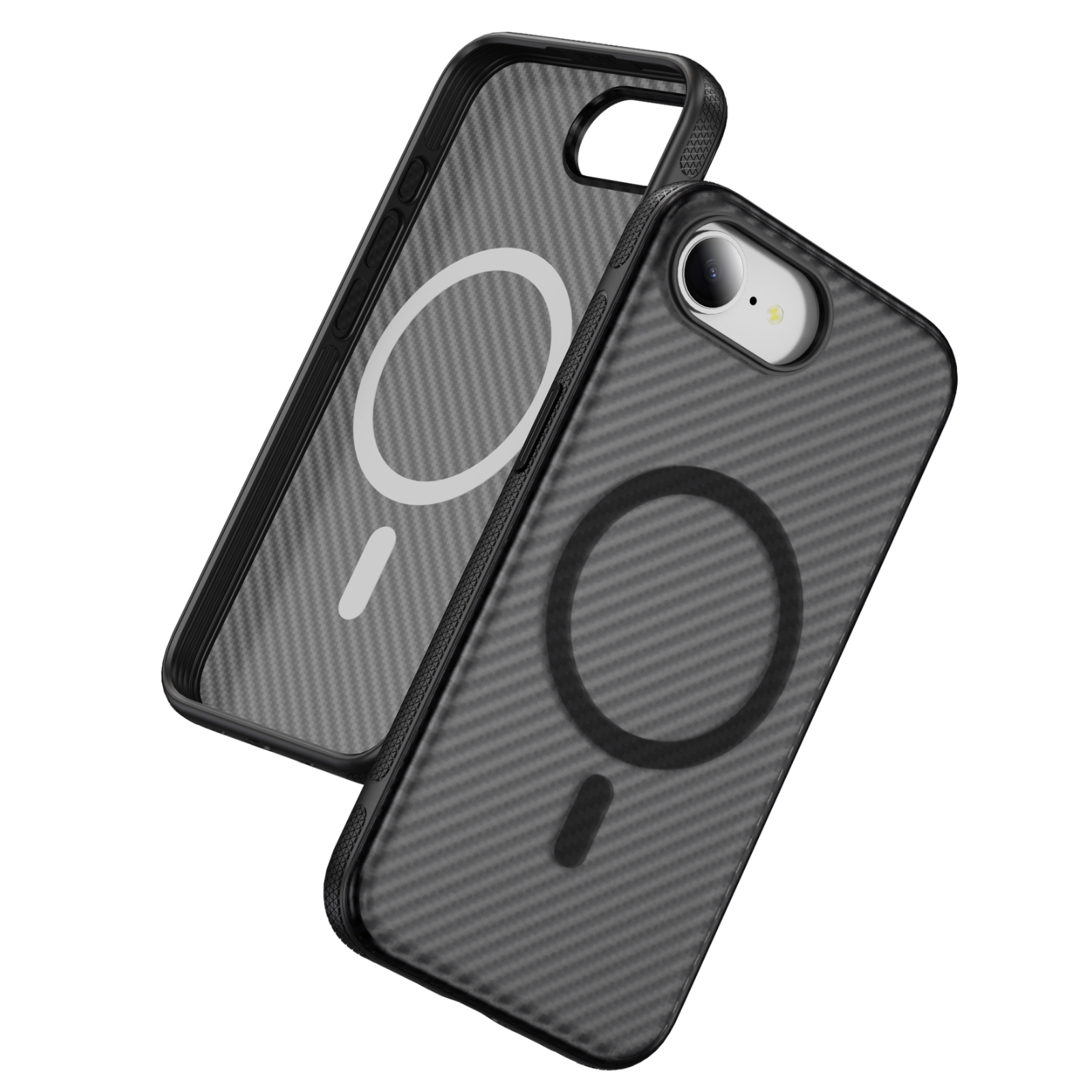 For iPhone 17e / 16e Skin-touch Case Carbon Fiber Texture PC + TPU Back Cover Compatible with MagSafe - Bright Grey+Black