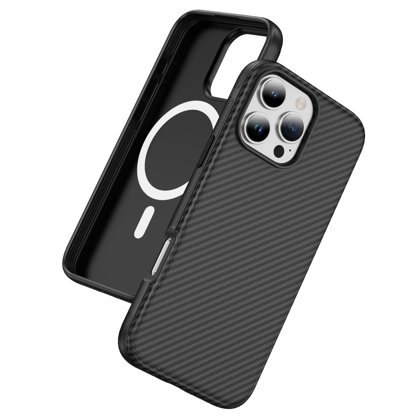 For iPhone 16 Pro Skin-touch Case Carbon Fiber Texture PC + TPU Back Cover Compatible with MagSafe - Black+Black