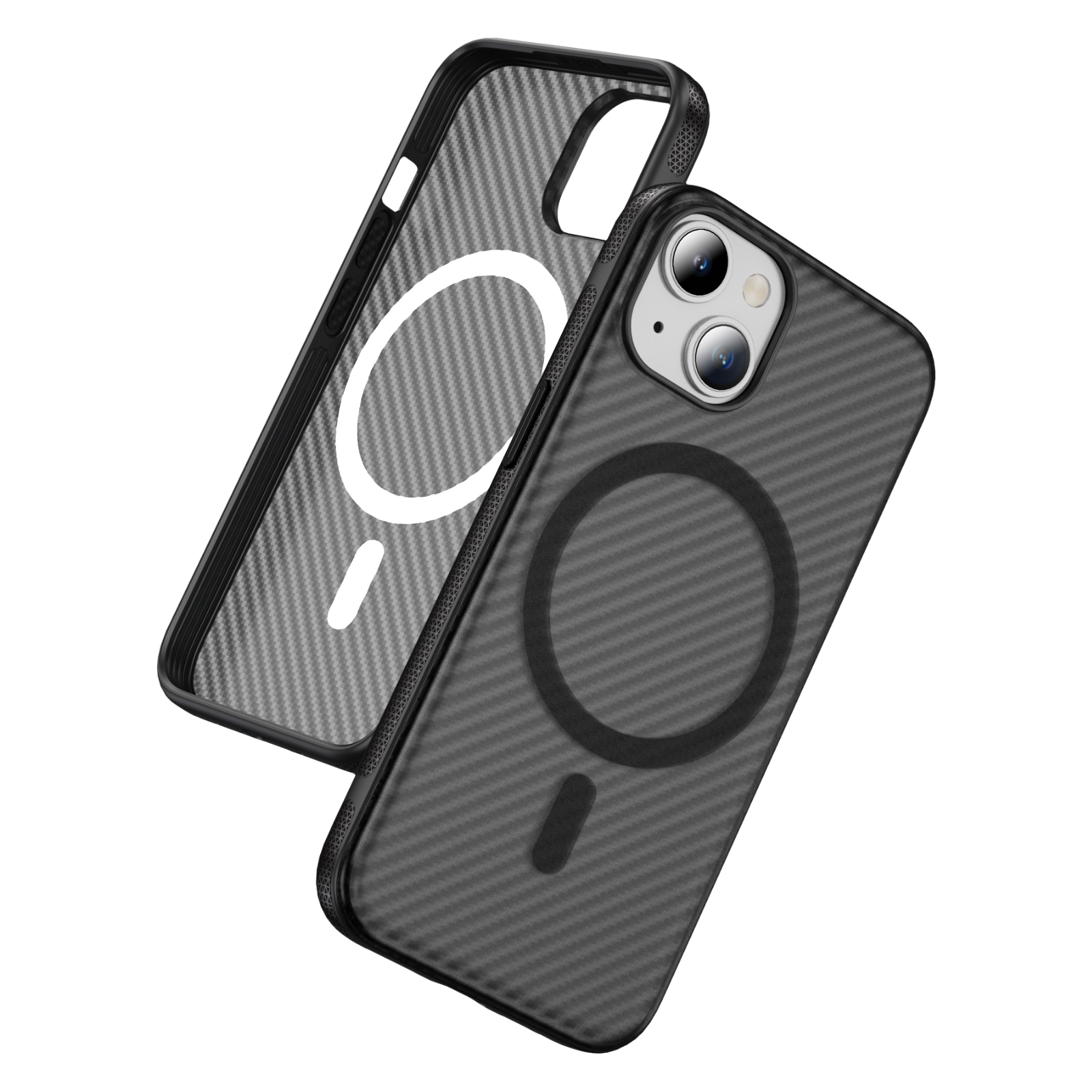 For iPhone 15 Plus / 14 Plus Skin-touch Case Carbon Fiber Texture PC + TPU Back Cover Compatible with MagSafe - Bright Grey+Black