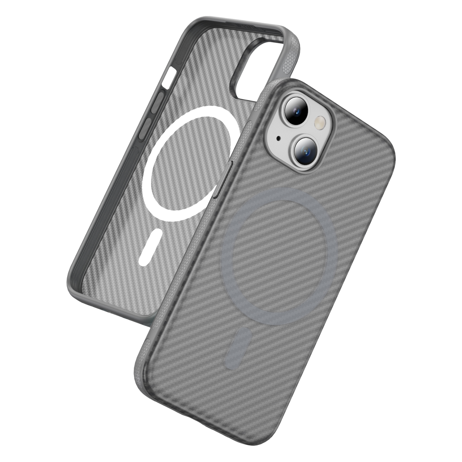 For iPhone 15 Plus / 14 Plus Skin-touch Case Carbon Fiber Texture PC + TPU Back Cover Compatible with MagSafe - Bright Grey+Grey