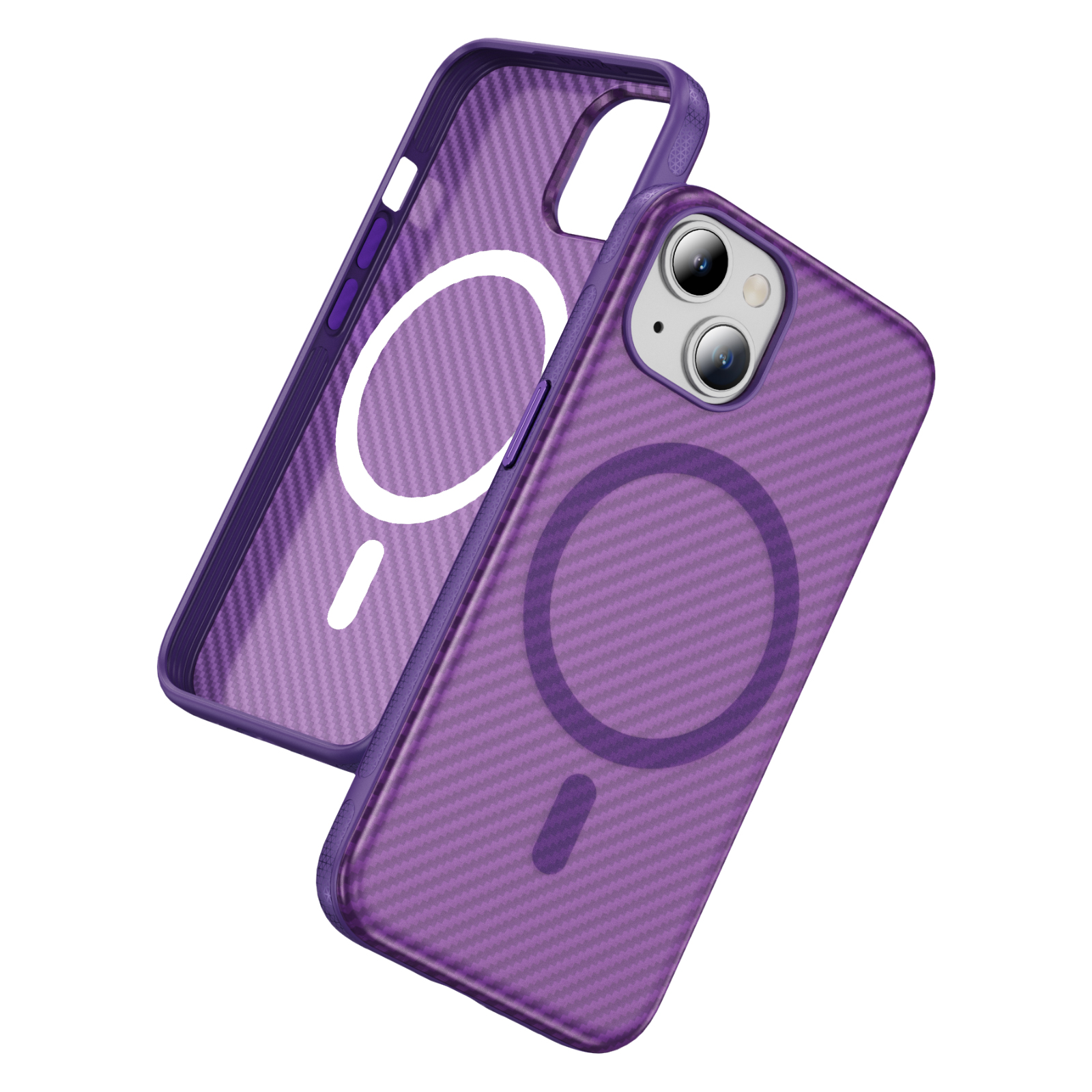 For iPhone 15 Plus / 14 Plus Skin-touch Case Carbon Fiber Texture PC + TPU Back Cover Compatible with MagSafe - Bright Purple+Purple