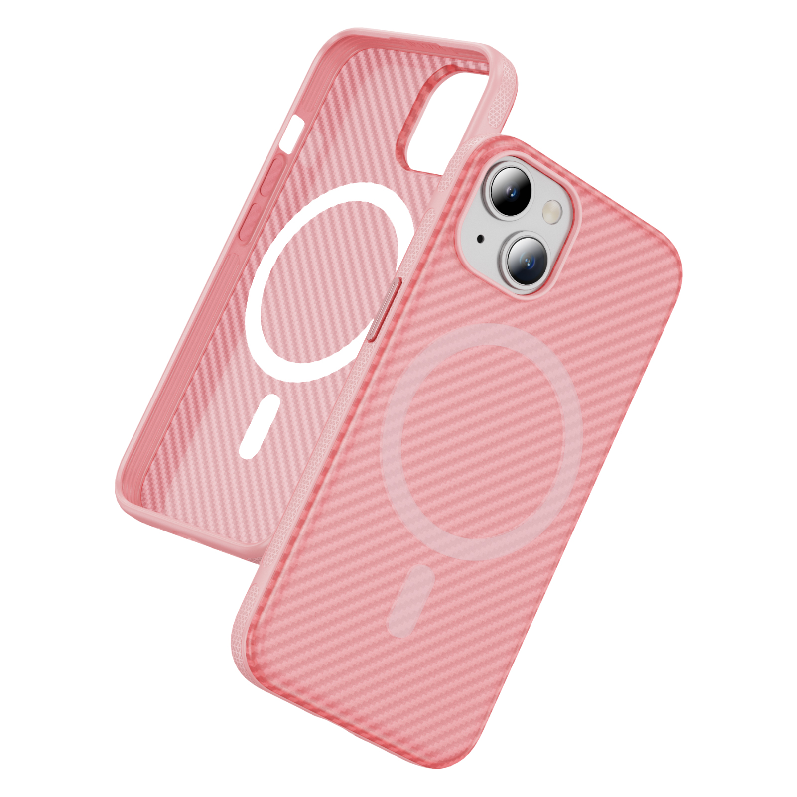 For iPhone 15 Skin-touch Case Carbon Fiber Texture PC + TPU Back Cover Compatible with MagSafe - Bright Pink+Bright Red