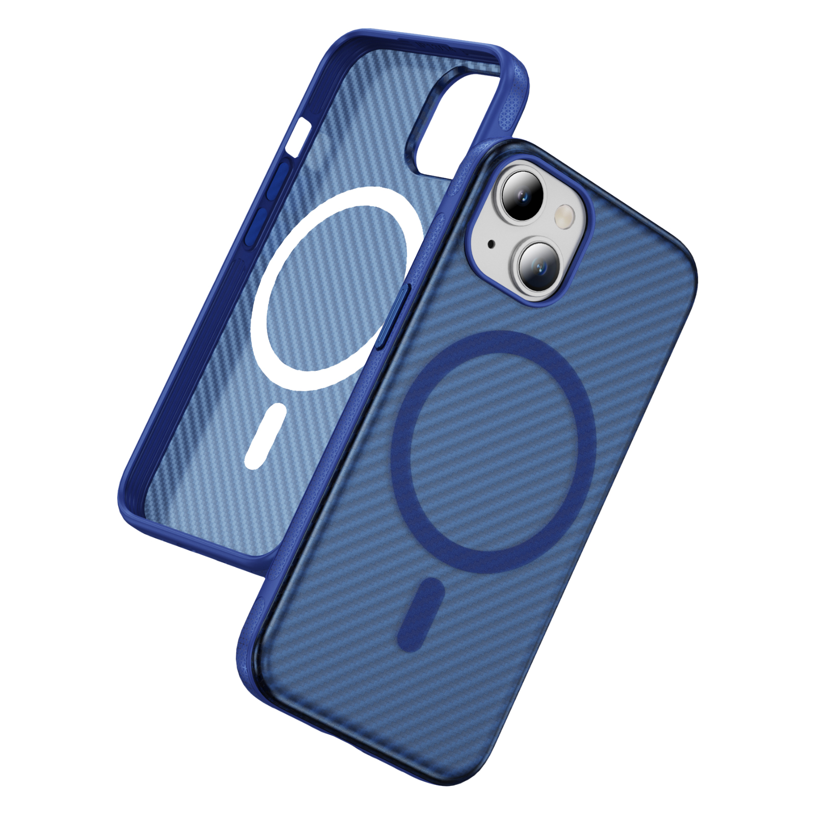 For iPhone 15 Skin-touch Case Carbon Fiber Texture PC + TPU Back Cover Compatible with MagSafe - Transparent Blue+Sapphire