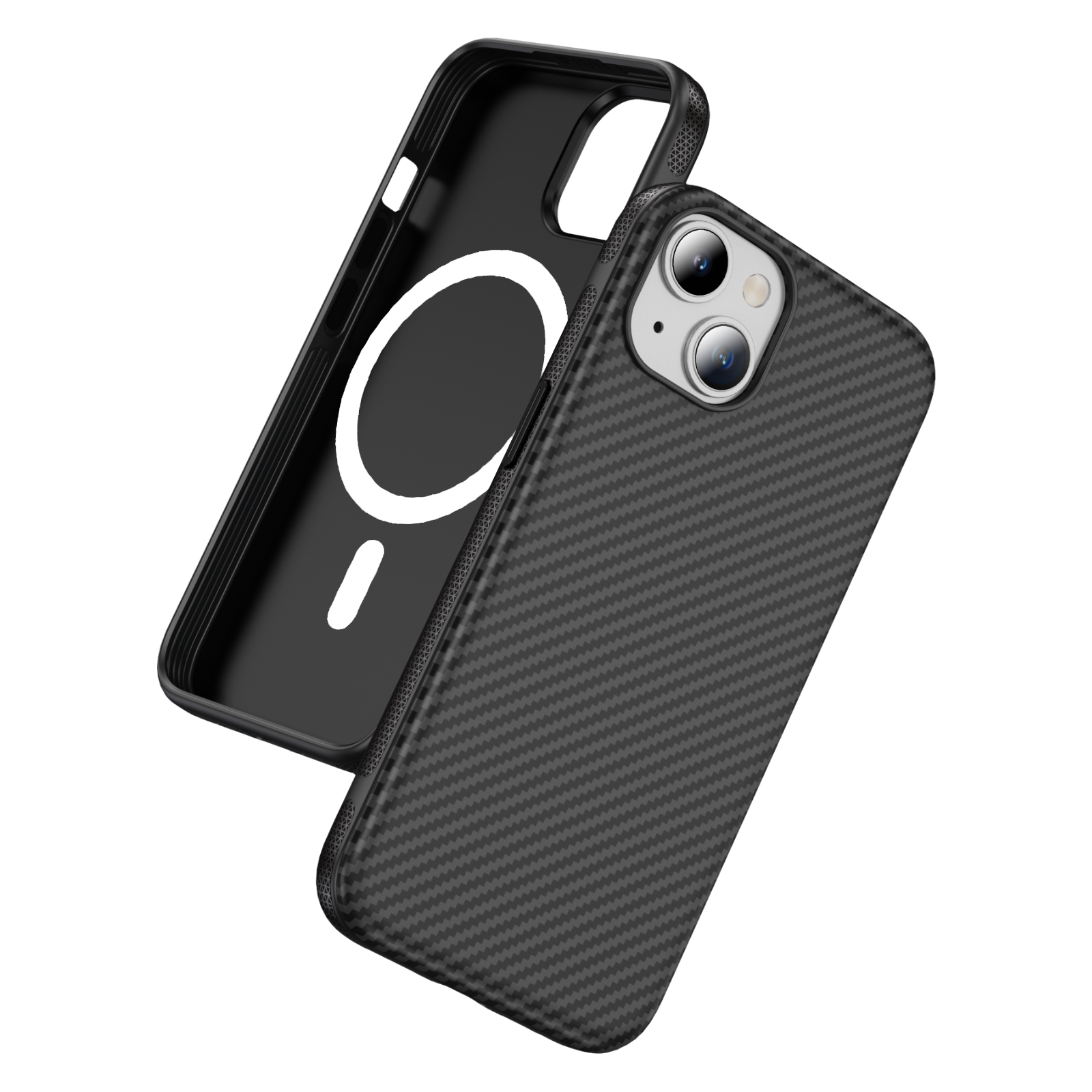 For iPhone 14 / 13 Skin-touch Case Carbon Fiber Texture PC + TPU Back Cover Compatible with MagSafe - Black+Black