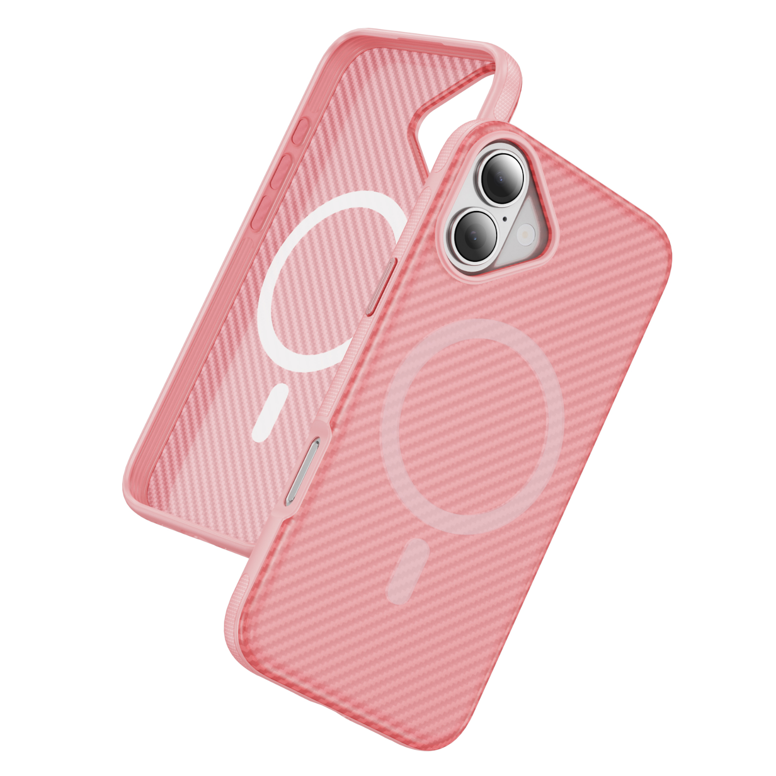 For iPhone 16 Plus Skin-touch Case Carbon Fiber Texture PC + TPU Back Cover Compatible with MagSafe - Bright Pink+Bright Red