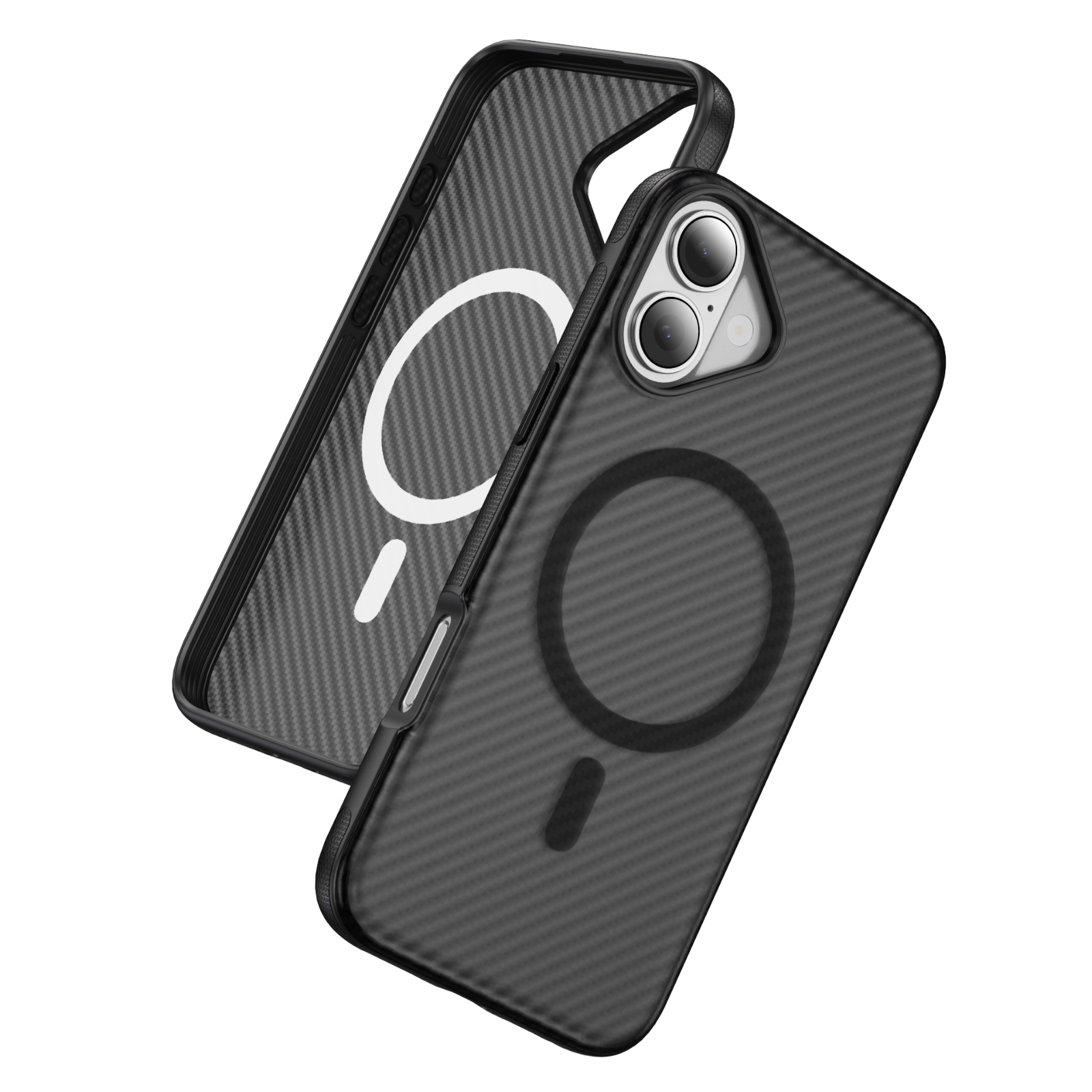 For iPhone 16 Plus Skin-touch Case Carbon Fiber Texture PC + TPU Back Cover Compatible with MagSafe - Bright Grey+Black