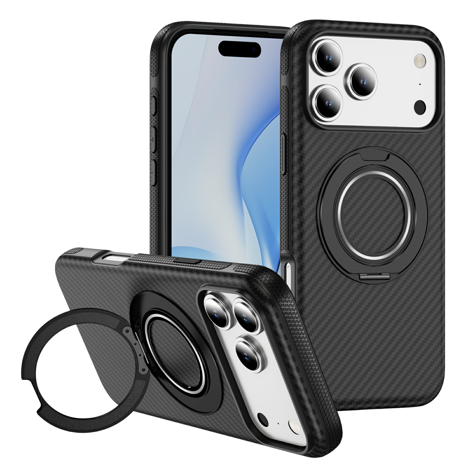 For iPhone 17 Pro Max Case Compatible with MagSafe Carbon Fiber Texture PC + TPU Back Cover with Ring Kickstand - Black+Black