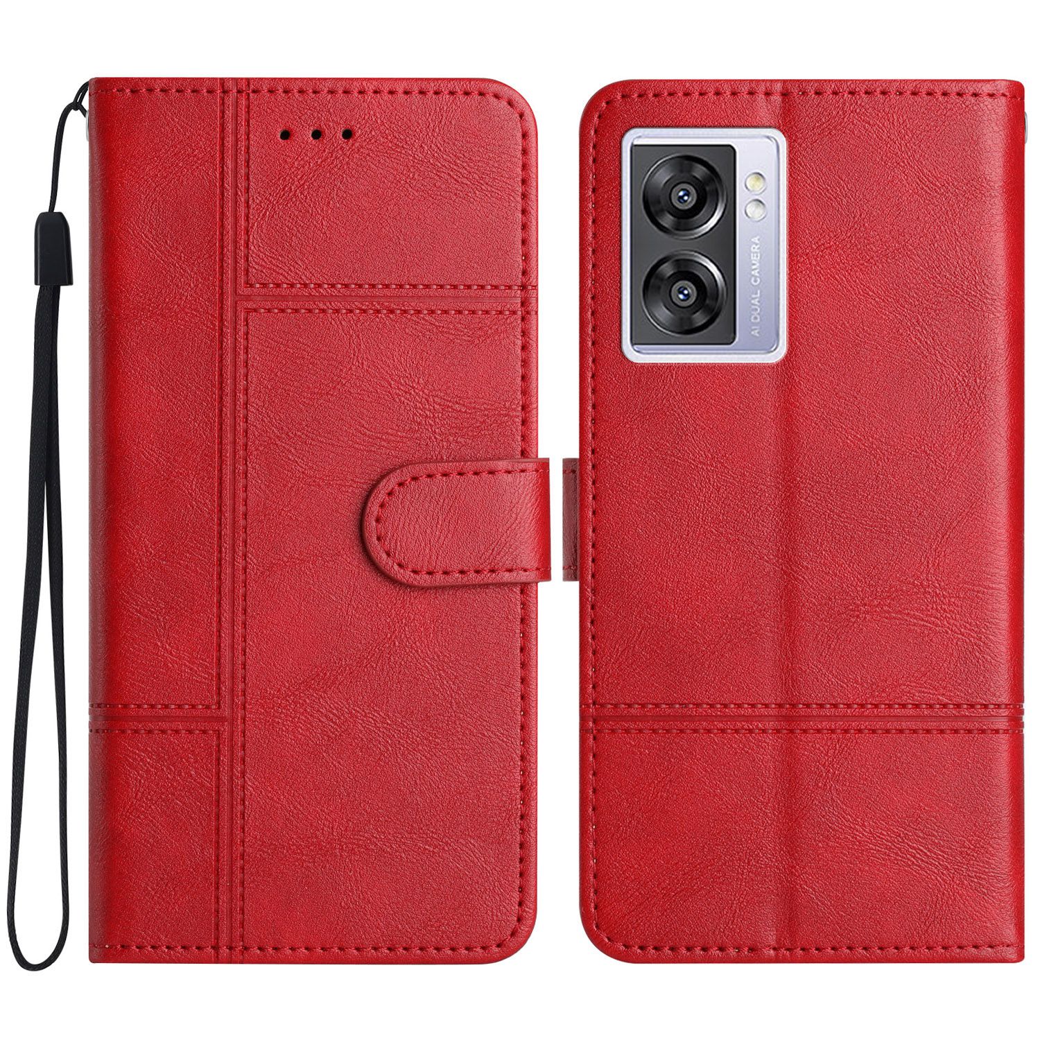 

Für Oppo A57 4g / A57 (2022) 5G / A77 5G Business Style Wallet Flip Hülle Cowide Textur PU Lederständer Eingeprägter Telefonabdeckung Mit Riemen - Rot, Oppo A57 (2022) 5G