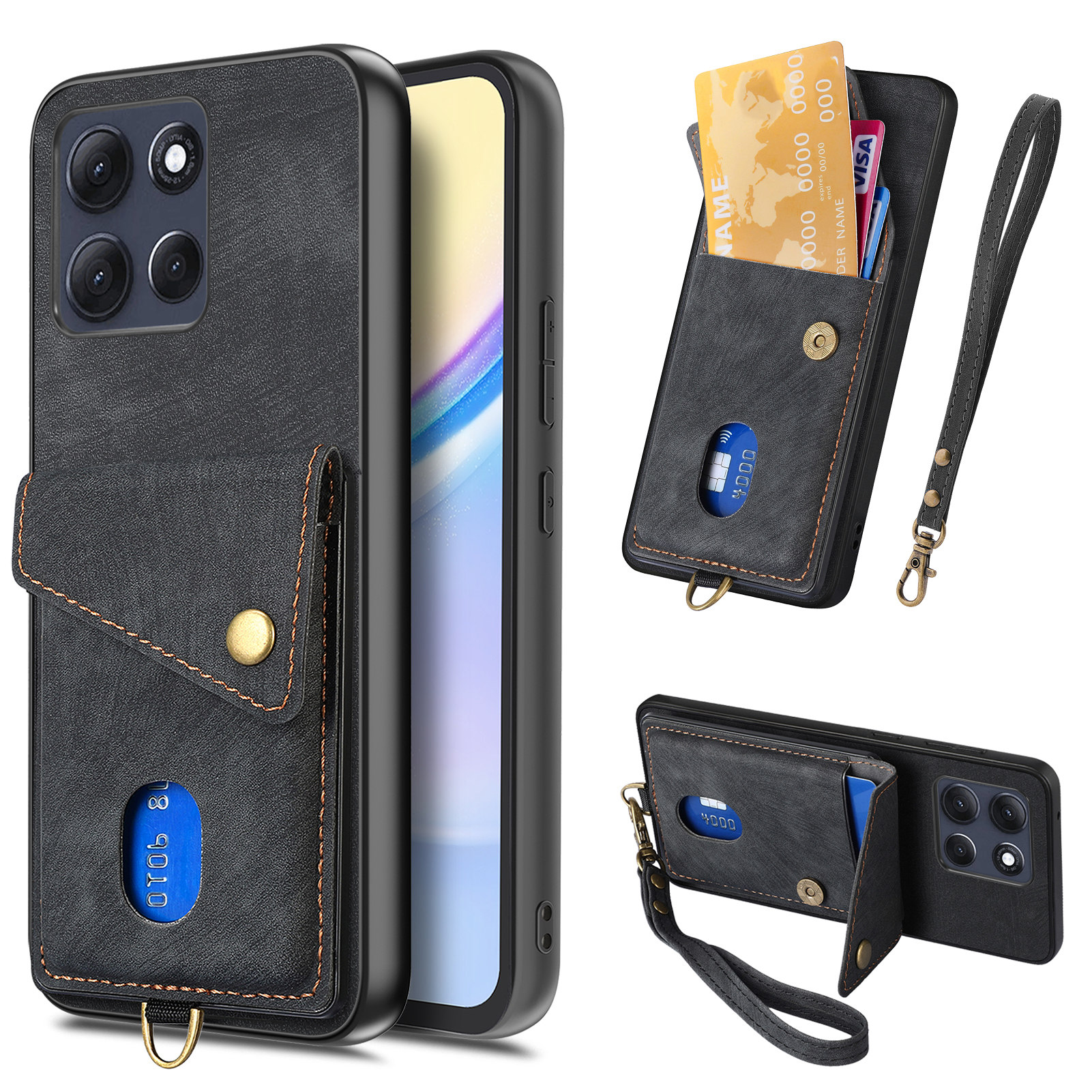 For Motorola Moto G86 5G Case with Card Holder Kickstand Leather Phone Back Cover - Black