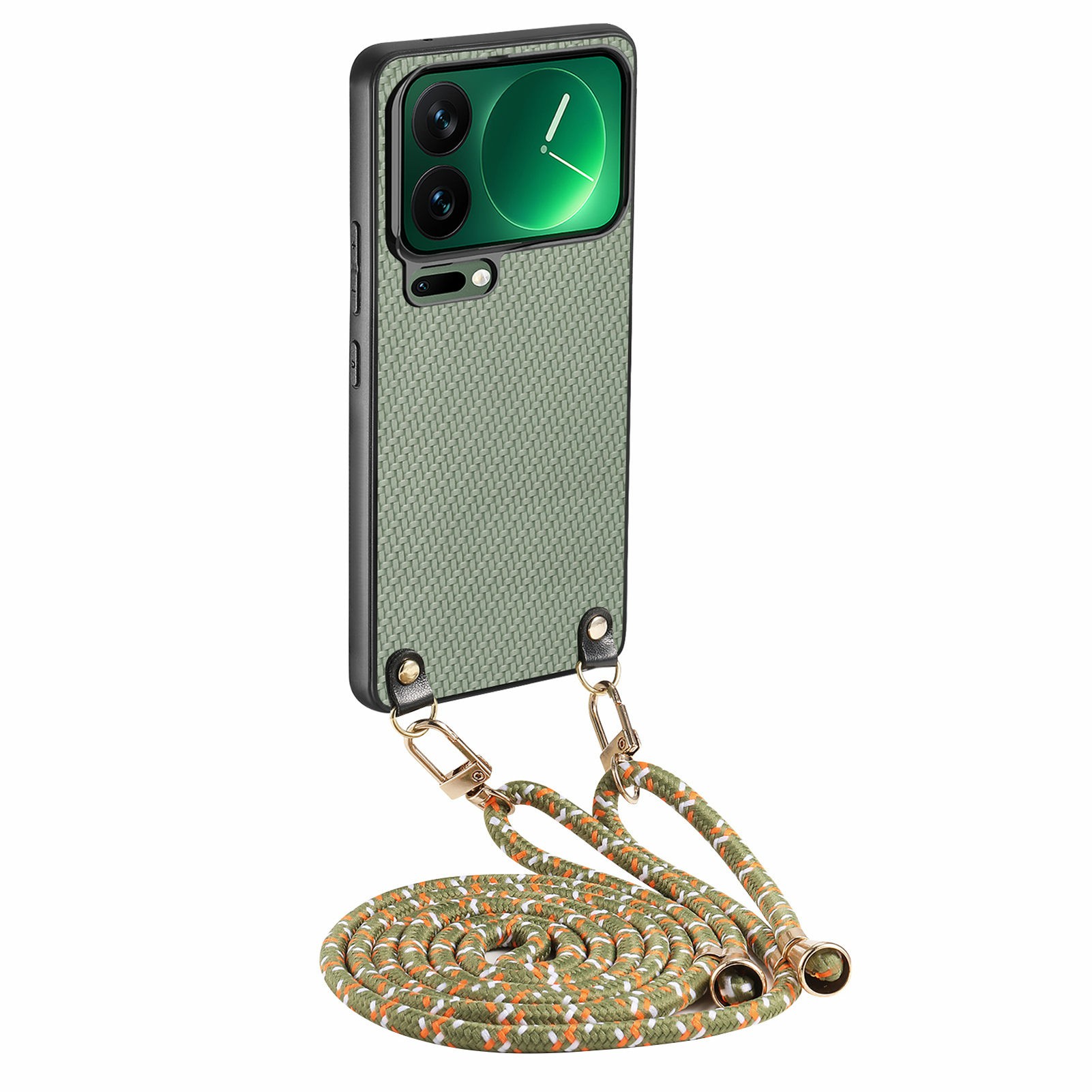 For Xiaomi 17 Pro Case Carbon Fiber Texture Hybrid Phone Back Cover with Adjustable Strap - Green