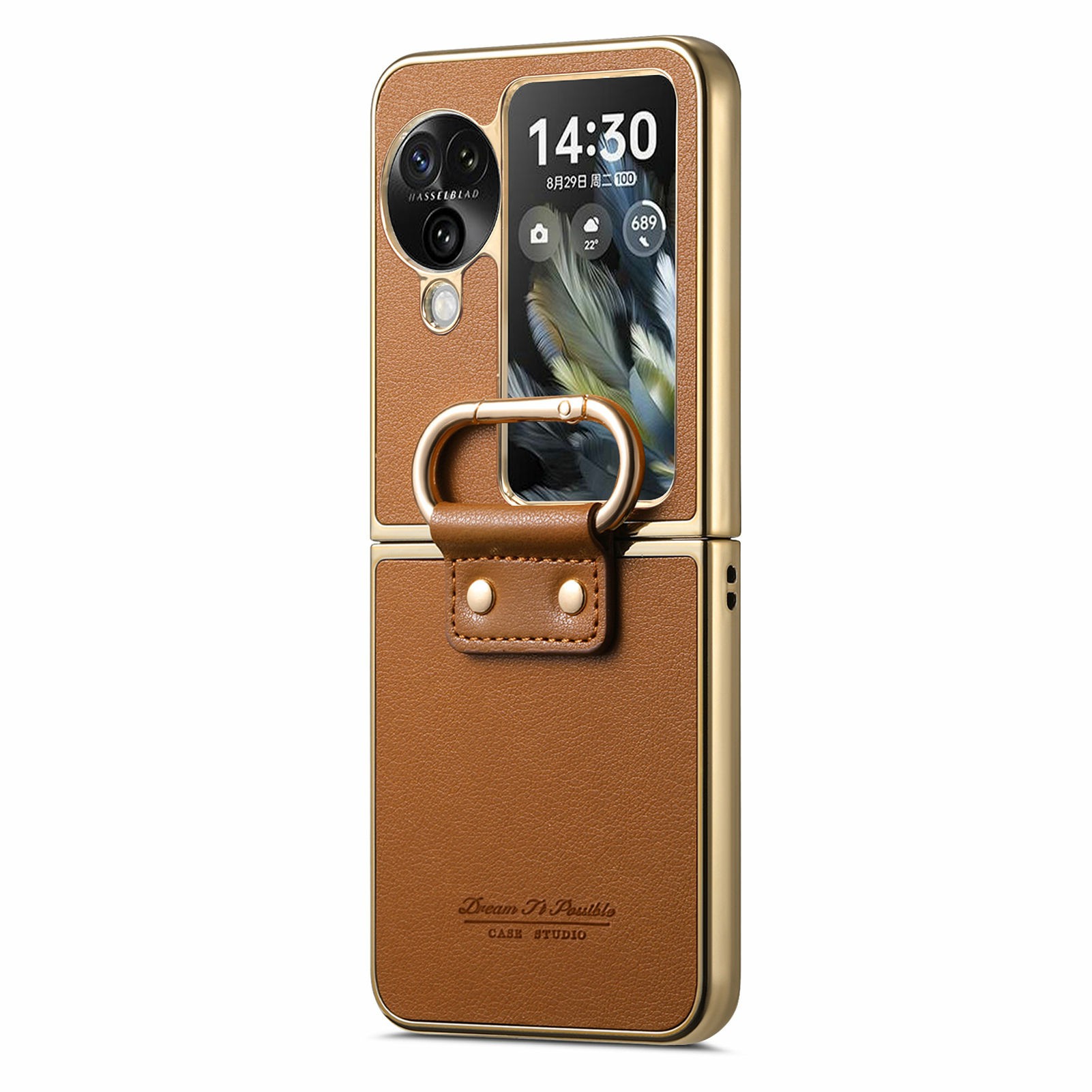 For Oppo Find N3 Flip 5G Case Electroplating Leather Coated PC Phone Cover with Spring Ring Buckle Kickstand - Brown