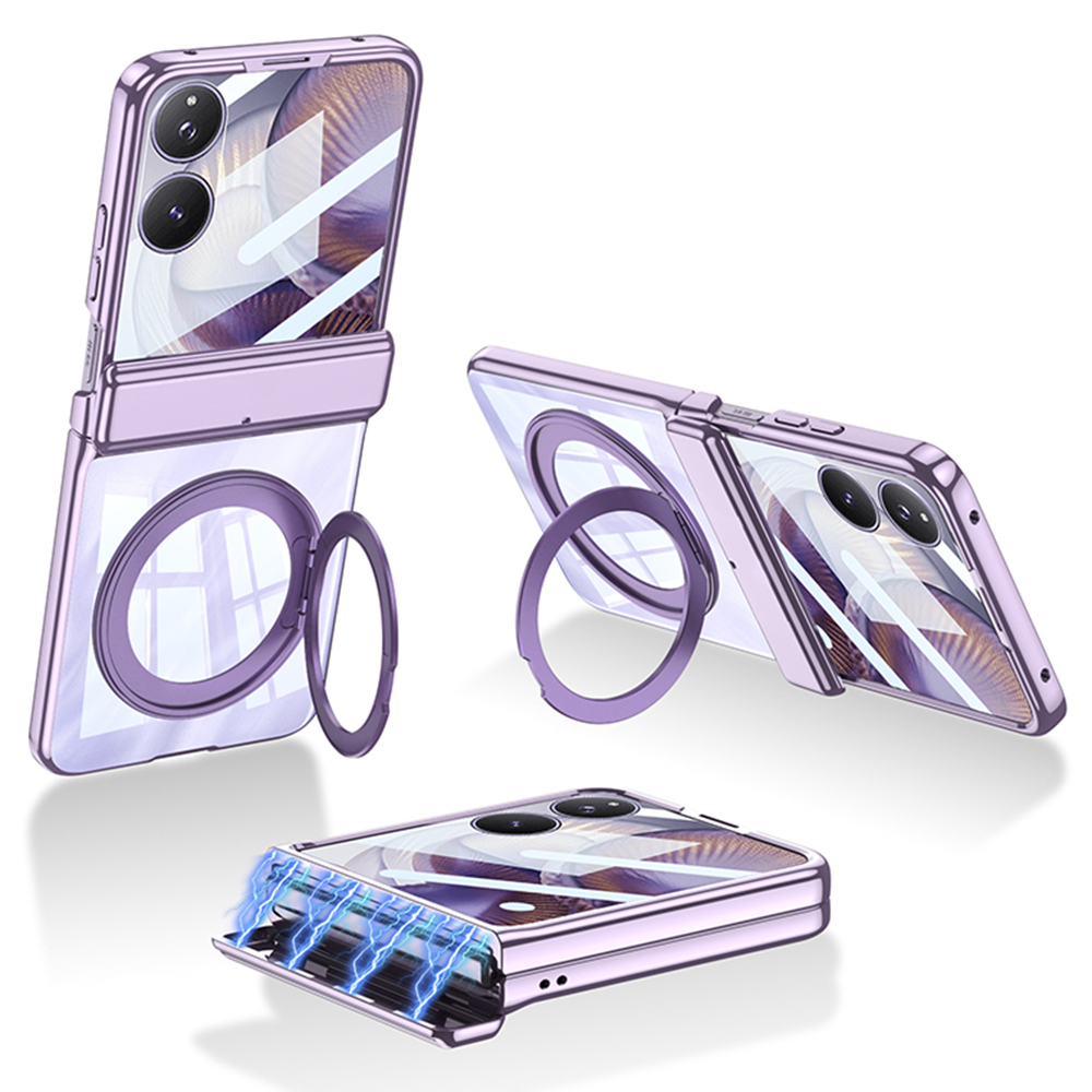 GKK For Xiaomi Mix Flip 2 Magnetic Case Ring Kickstand Electroplating Clear PC Phone Cover with Rear Screen Film - Purple