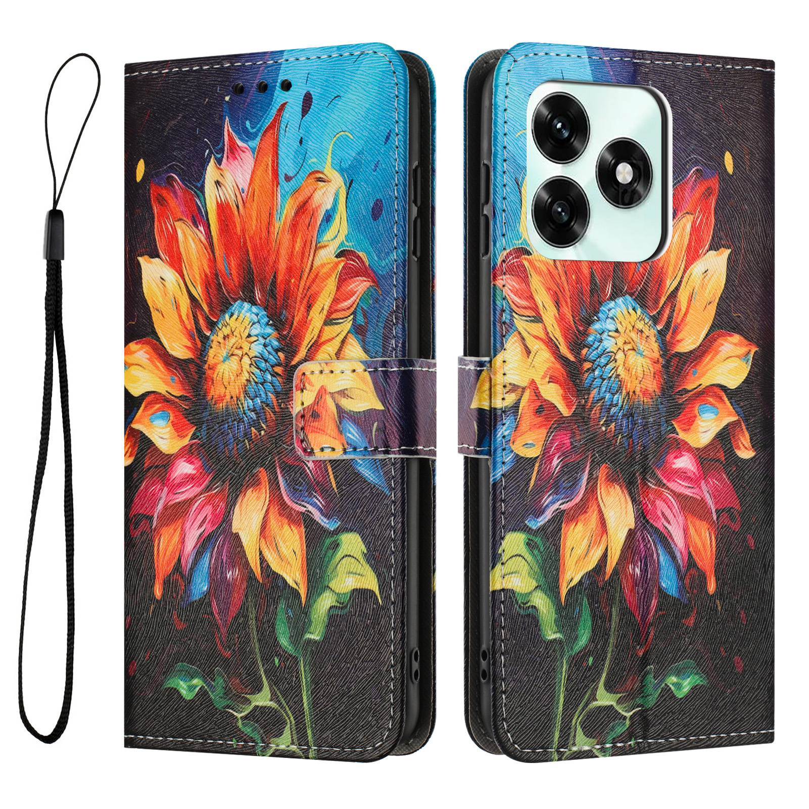 For Honor X5c 4G / Honor X5c Plus 4G Wallet Case Pattern Printing PU Leather Phone Cover with Lanyard - Sunflower