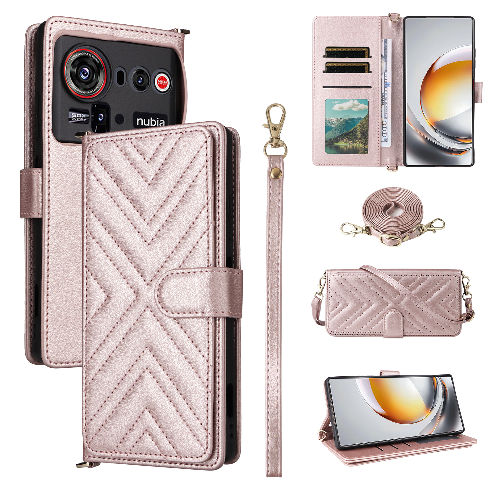 For ZTE nubia Z80 Ultra 5G Leather Case Stand Wallet Phone Cover with Shoulder / Wrist Strap - Pink