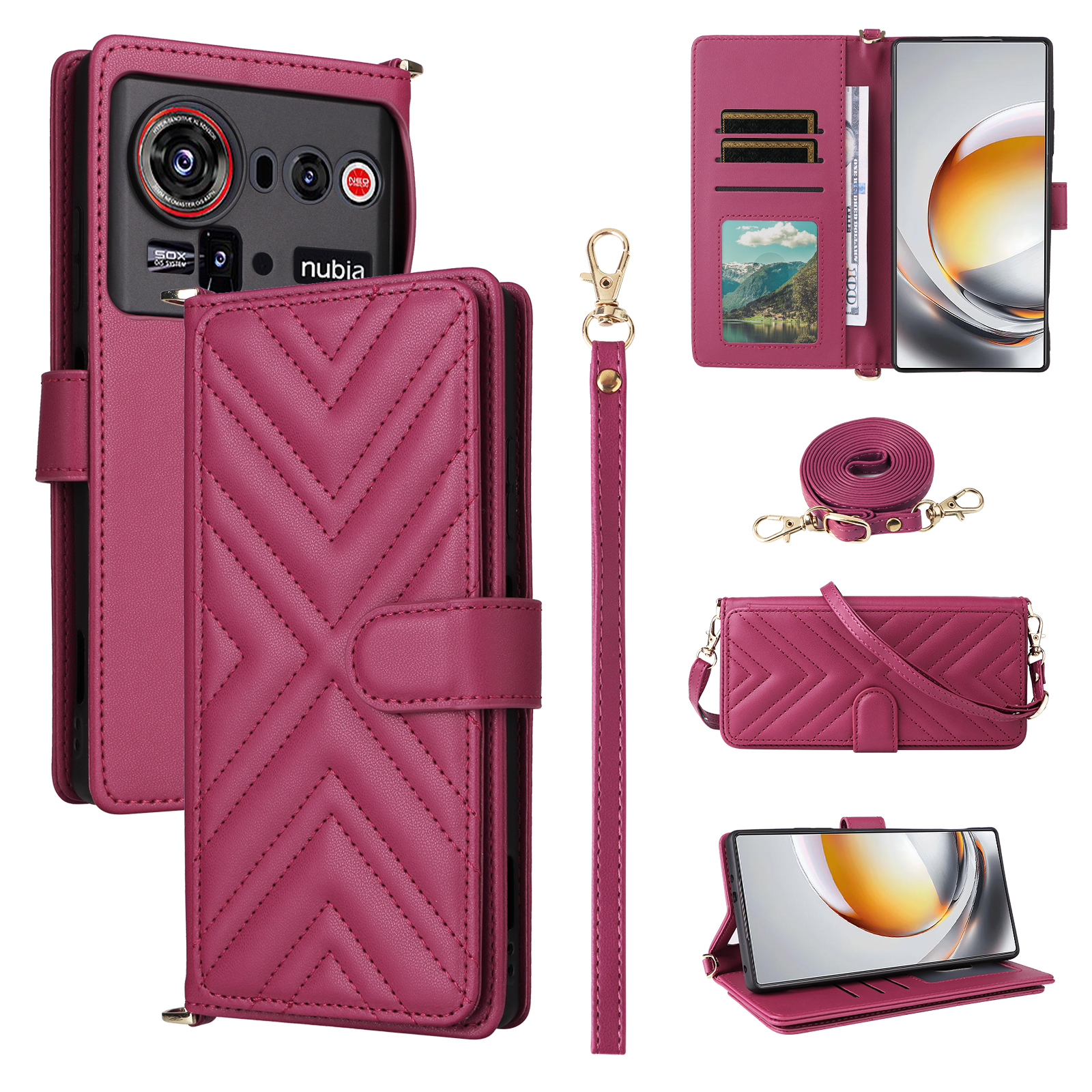 For ZTE nubia Z80 Ultra 5G Leather Case Stand Wallet Phone Cover with Shoulder / Wrist Strap - Rose