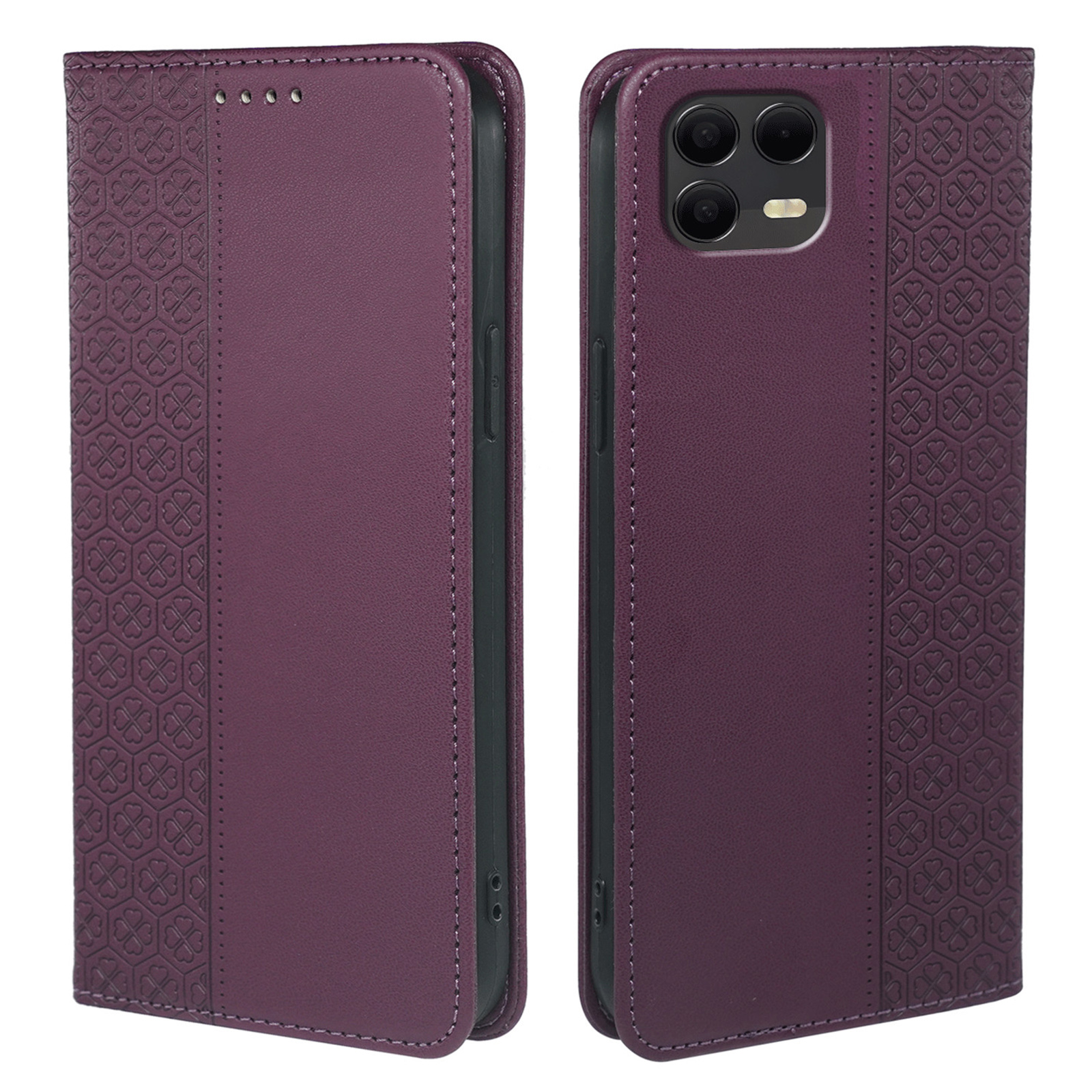 For T-Mobile Revvl 8 Pro Case Four Leaf Clover Leather Flip Phone Cover Stand Wallet - Dark Purple
