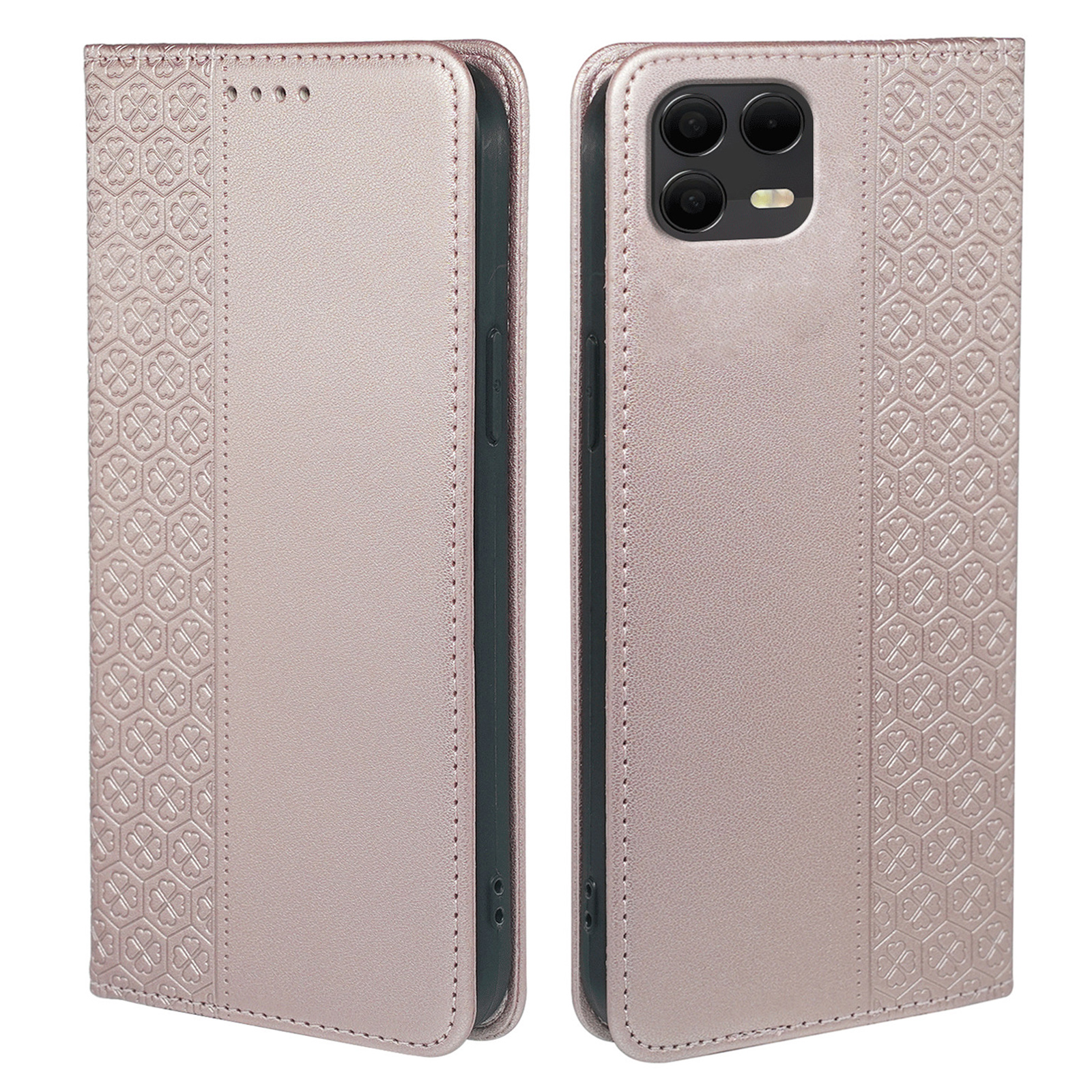 For T-Mobile Revvl 8 Pro Case Four Leaf Clover Leather Flip Phone Cover Stand Wallet - Rose Gold