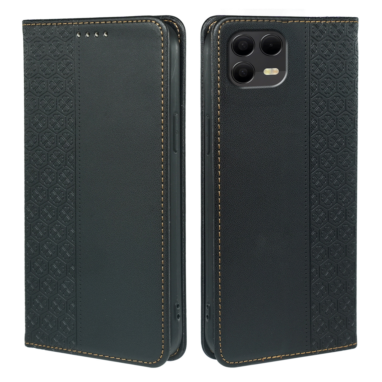 For T-Mobile Revvl 8 Pro Case Four Leaf Clover Leather Flip Phone Cover Stand Wallet - Black