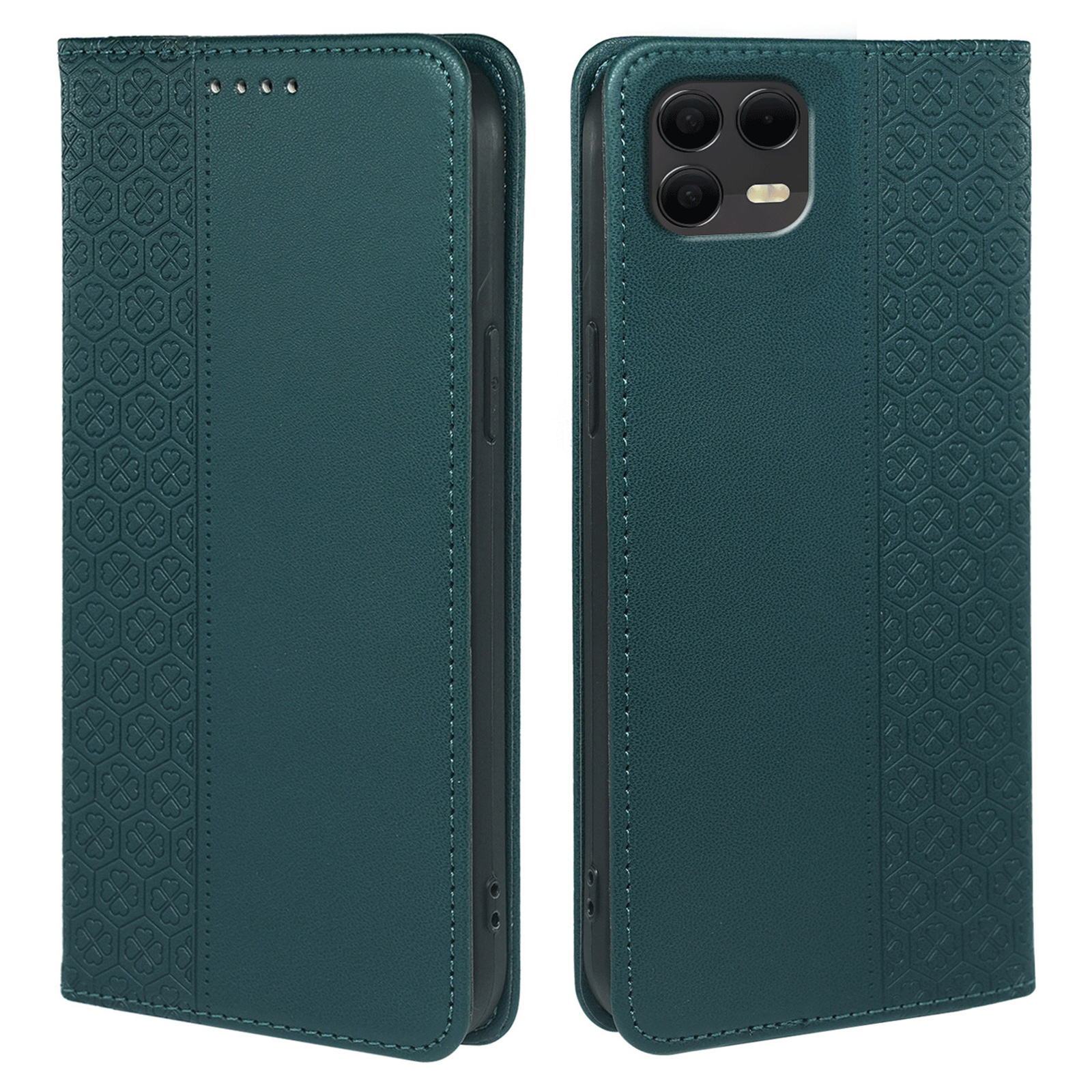 For T-Mobile Revvl 8 Pro Case Four Leaf Clover Leather Flip Phone Cover Stand Wallet - Green