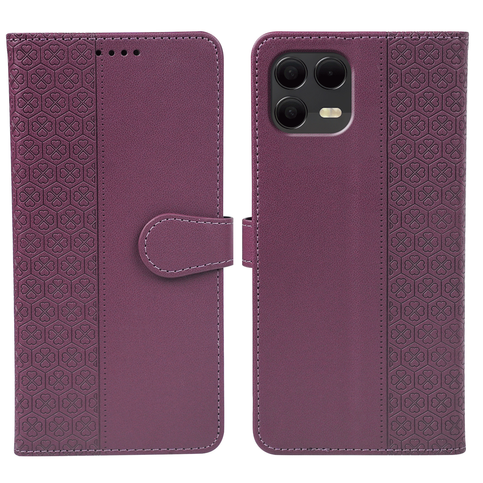 For T-Mobile Revvl 8 Pro Case Magnetic Clasp Four Leaf Clover Leather Phone Cover - Dark Purple