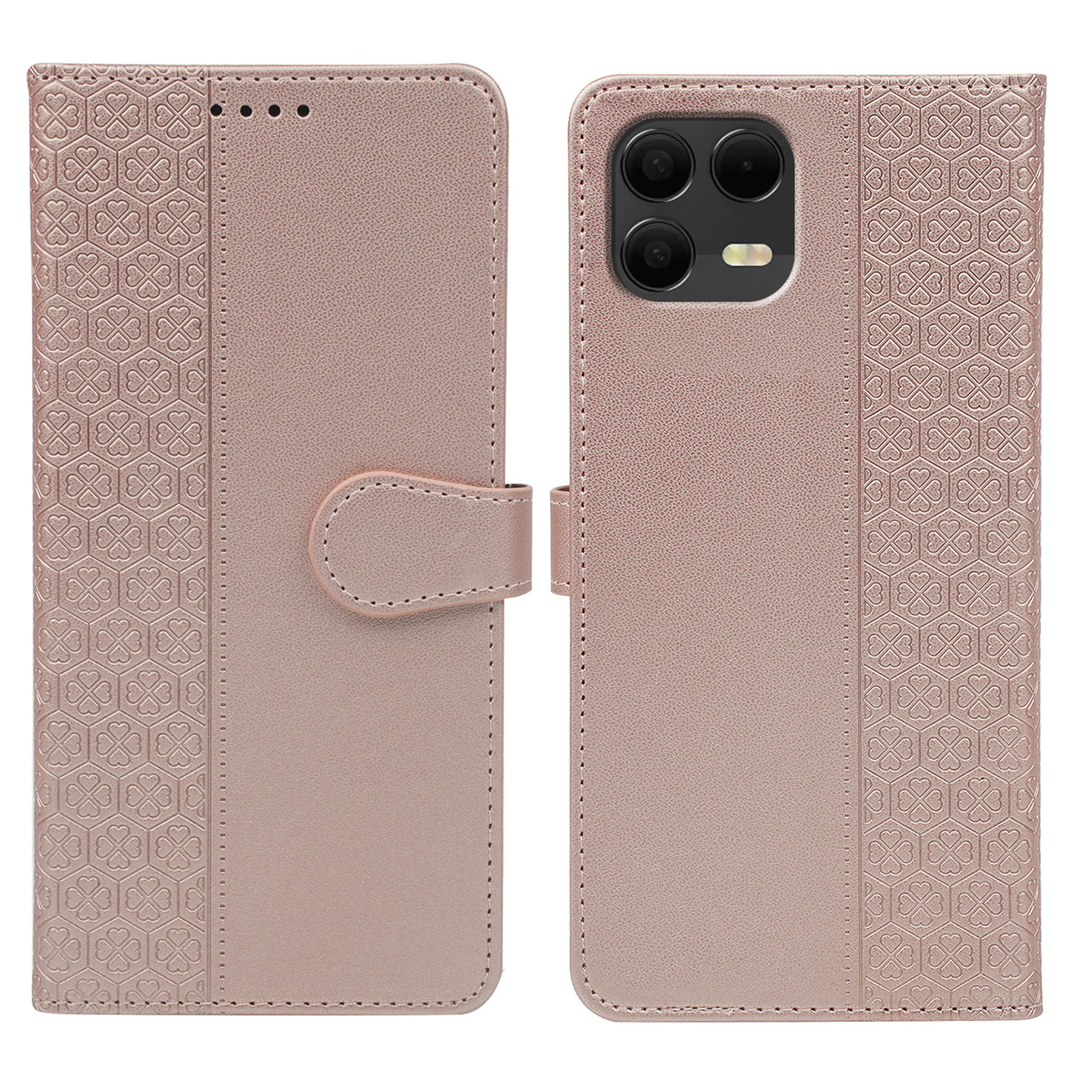 For T-Mobile Revvl 8 Pro Case Magnetic Clasp Four Leaf Clover Leather Phone Cover - Rose Gold