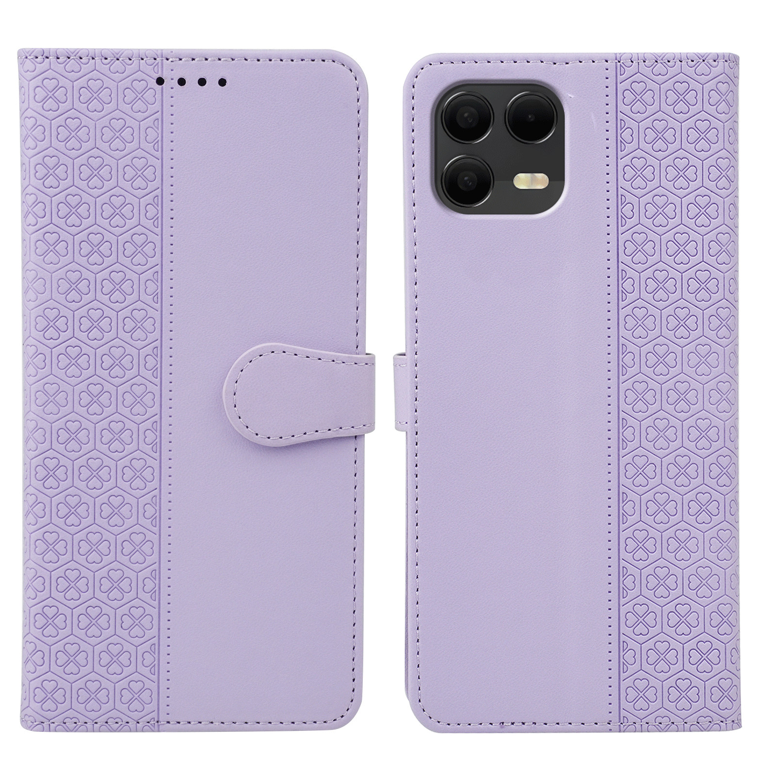 For T-Mobile Revvl 8 Pro Case Magnetic Clasp Four Leaf Clover Leather Phone Cover - Light Purple
