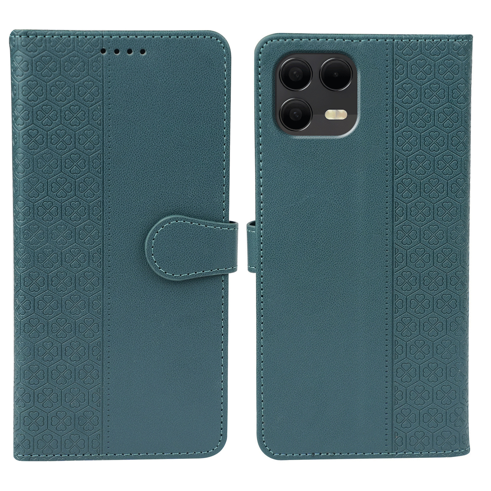 For T-Mobile Revvl 8 Pro Case Magnetic Clasp Four Leaf Clover Leather Phone Cover  - Green