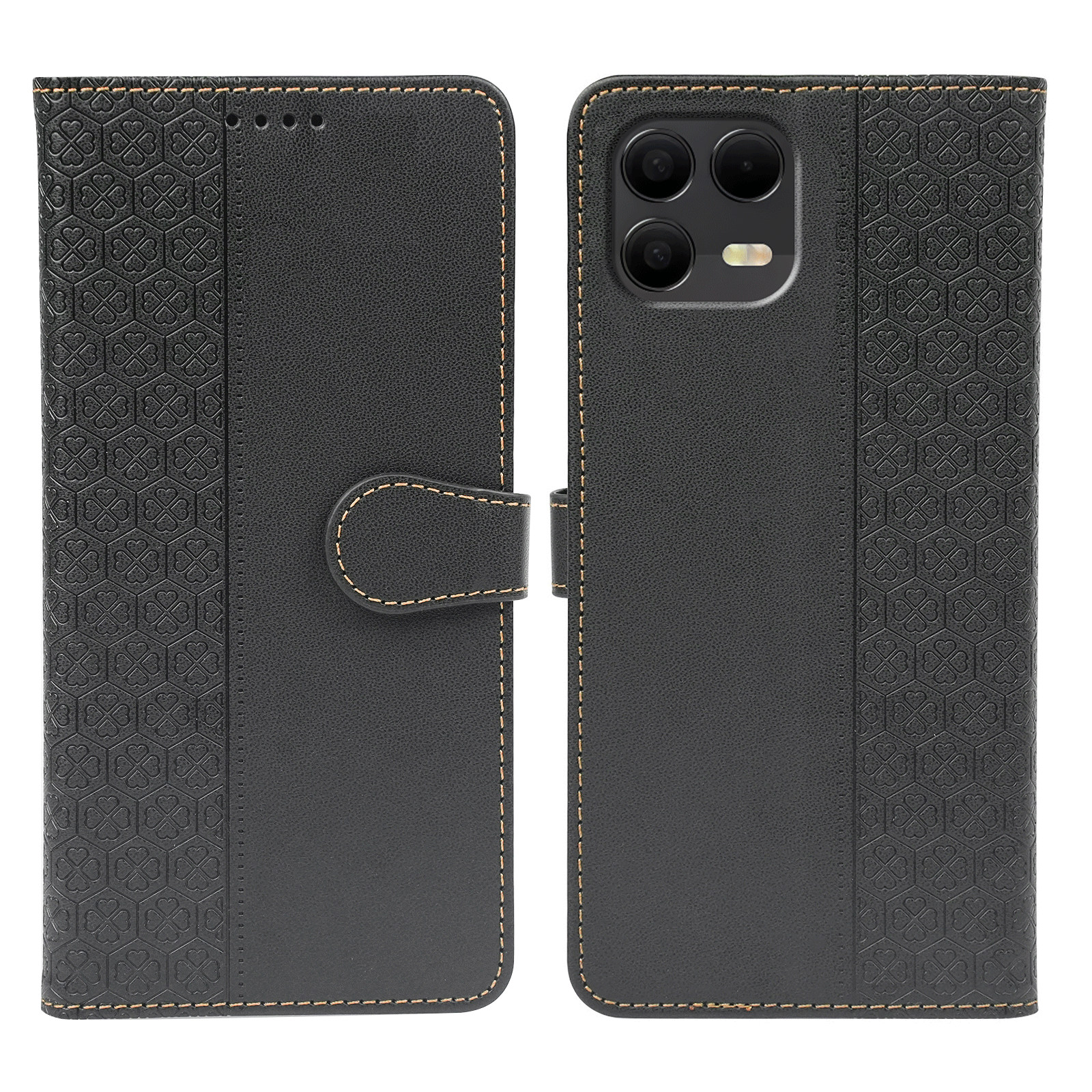 For T-Mobile Revvl 8 Pro Case Magnetic Clasp Four Leaf Clover Leather Phone Cover - Black