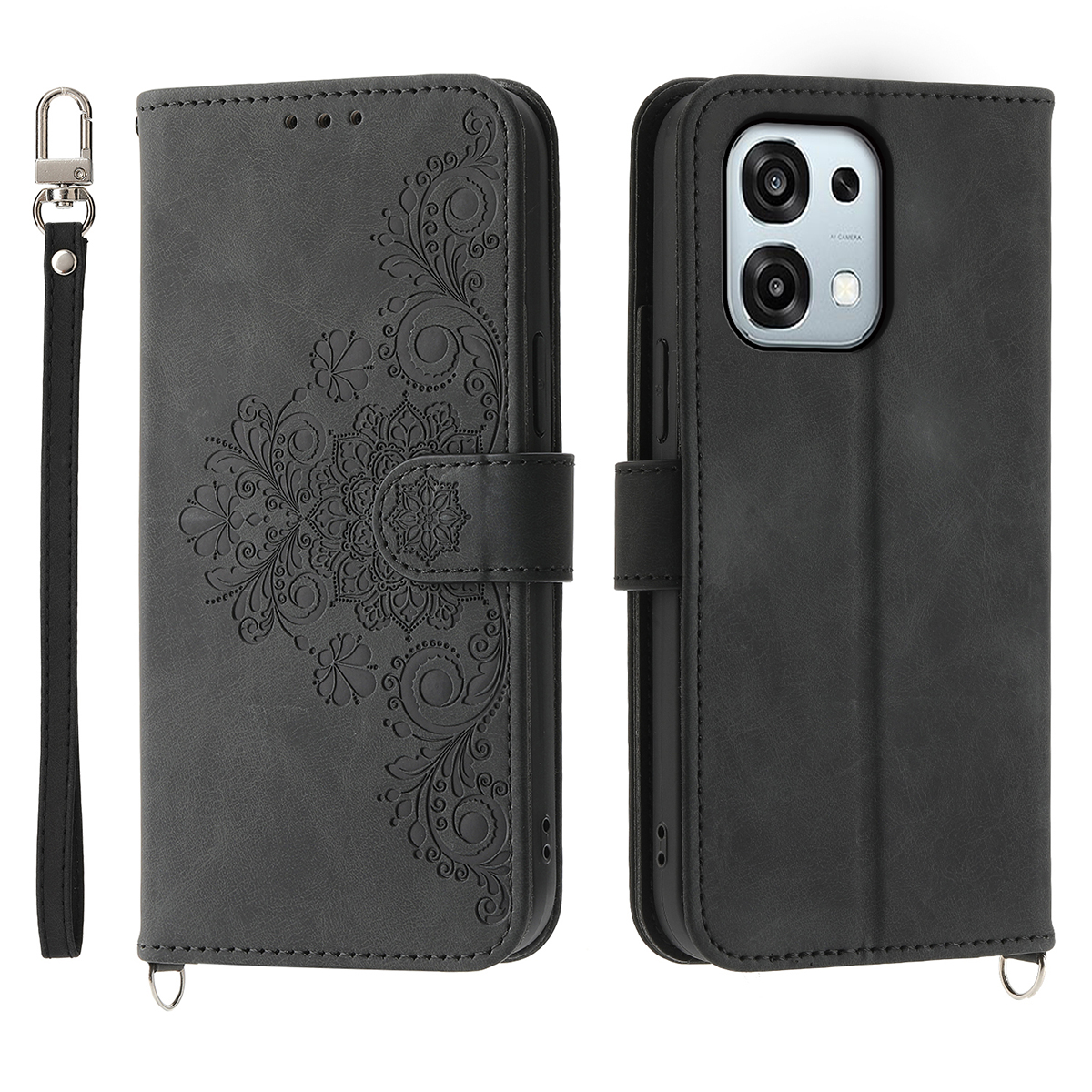 Wallet Case For Oppo F31 5G  /  A6 Pro 5G  /  A6 Pro 4G Flower Pattern PU Leather Phone Cover with Strap - Black