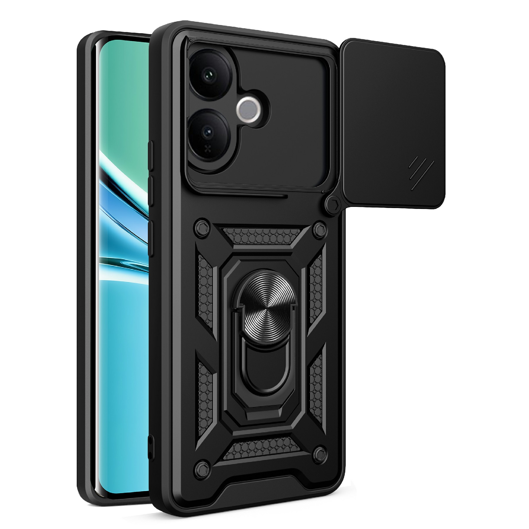 For vivo V60 Lite 5G / V60 Lite 4G Case with Slide Camera Lid PC + TPU Kickstand Phone Cover - Black