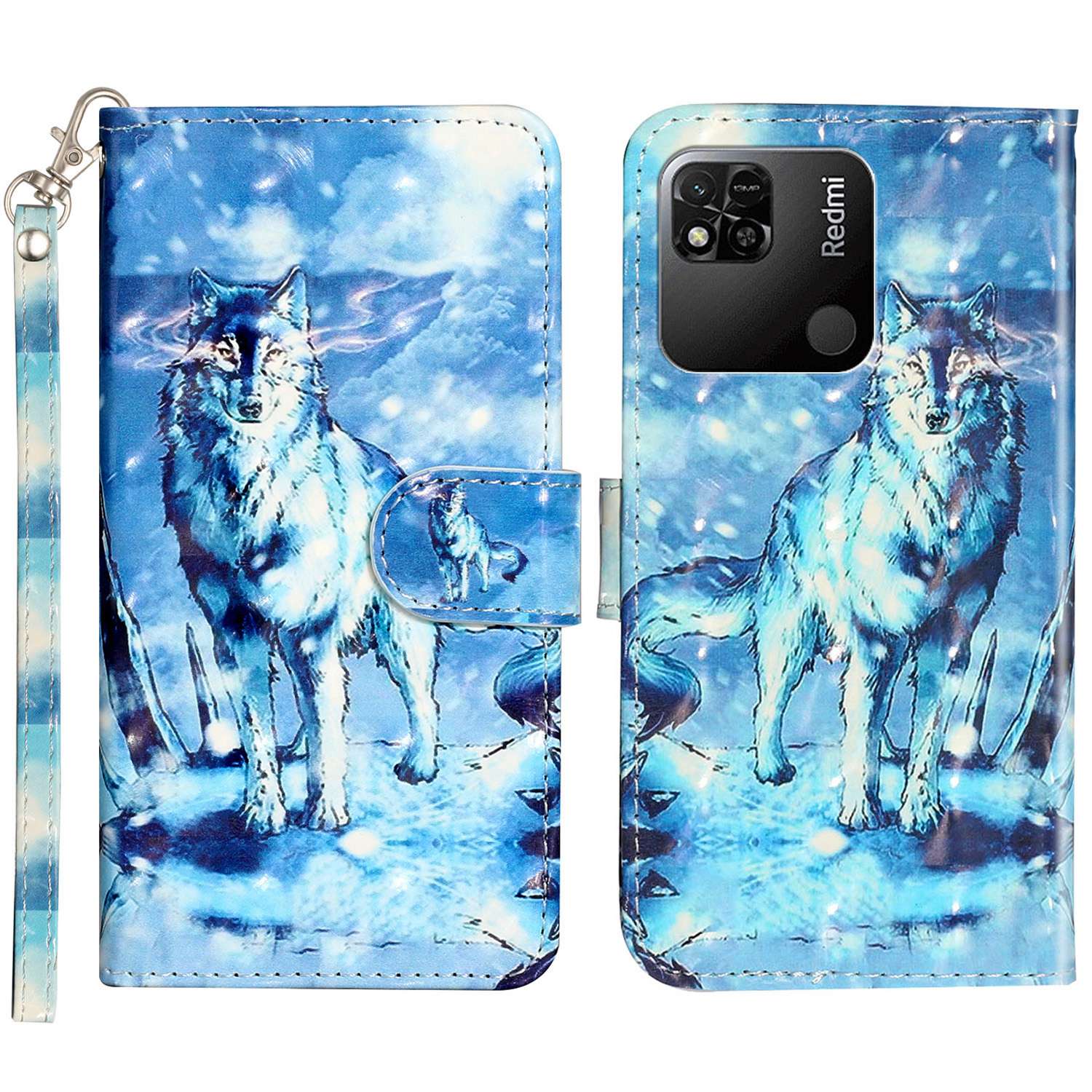 

Für Xiaomi Redmi 10A PU Leder Brieftasche Magnethülle 3D Muster Druckständer Flip -telefonabdeckung Mit Riemen - Schneewolf, Xiaomi Redmi 10A