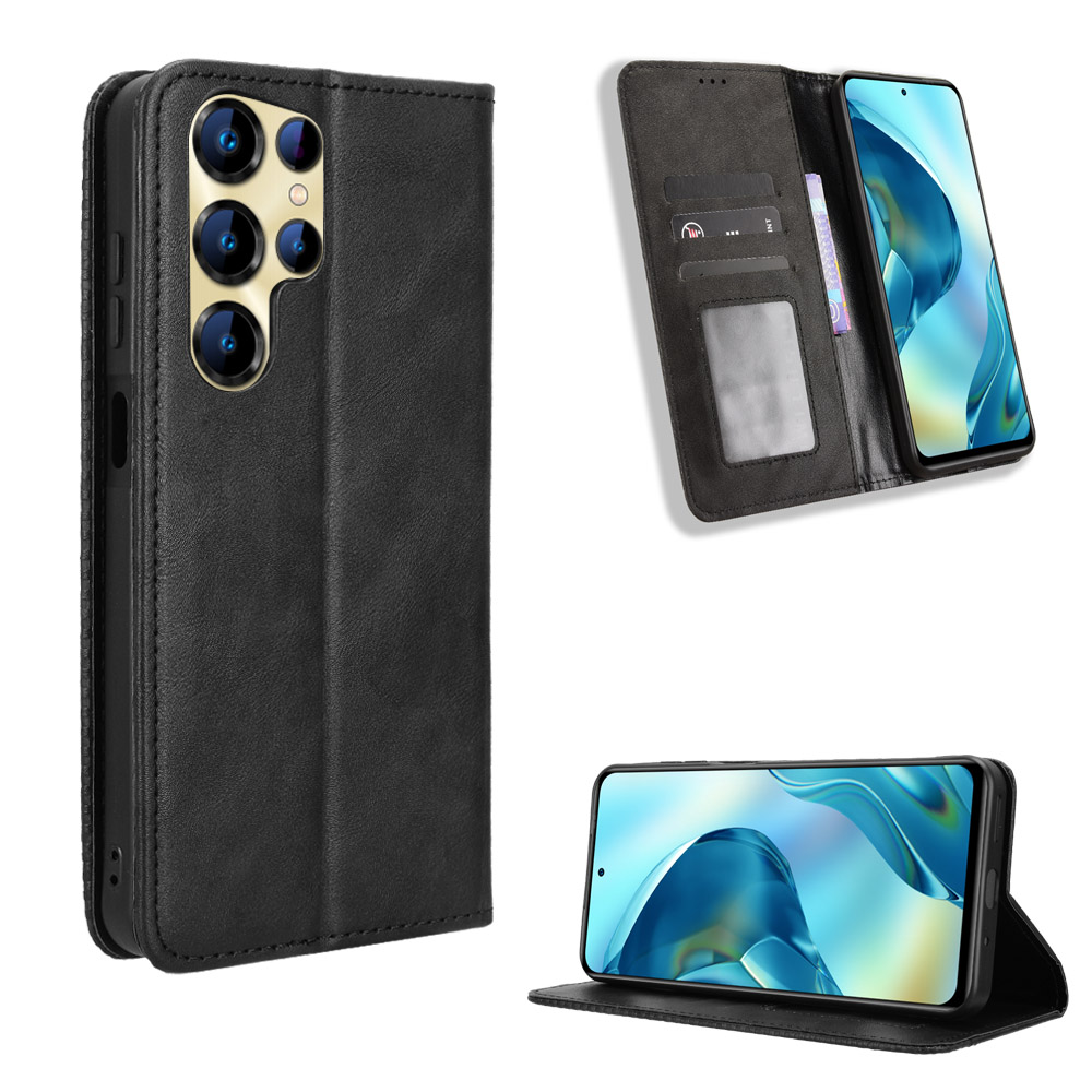 For Oukitel C68 Leather Case Wallet Stand Retro Texture Phone Cover - Black