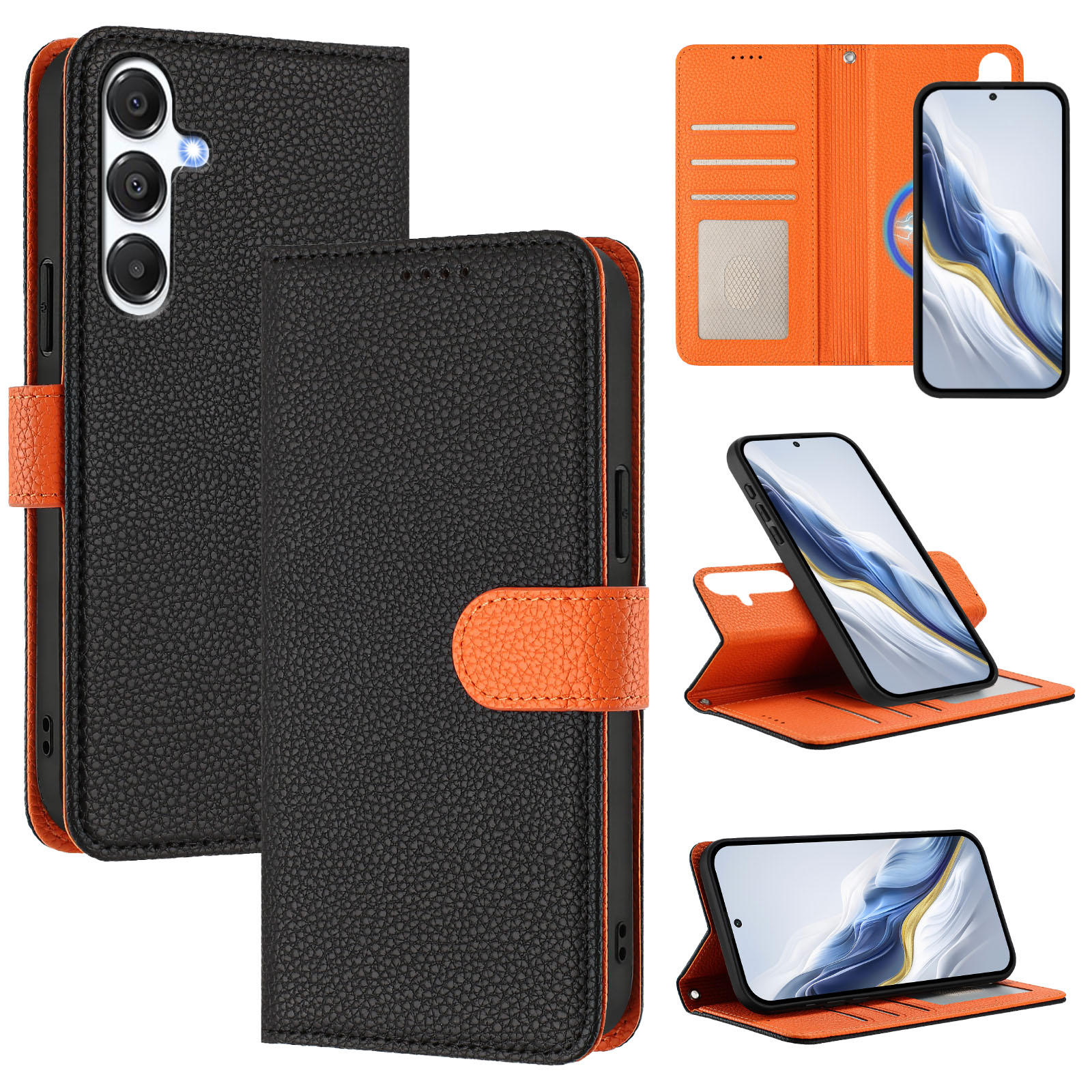 For Samsung Galaxy A26 5G Leather Magnetic Case Detachable Wallet Phone Cover with Hand Strap - Black / Orange