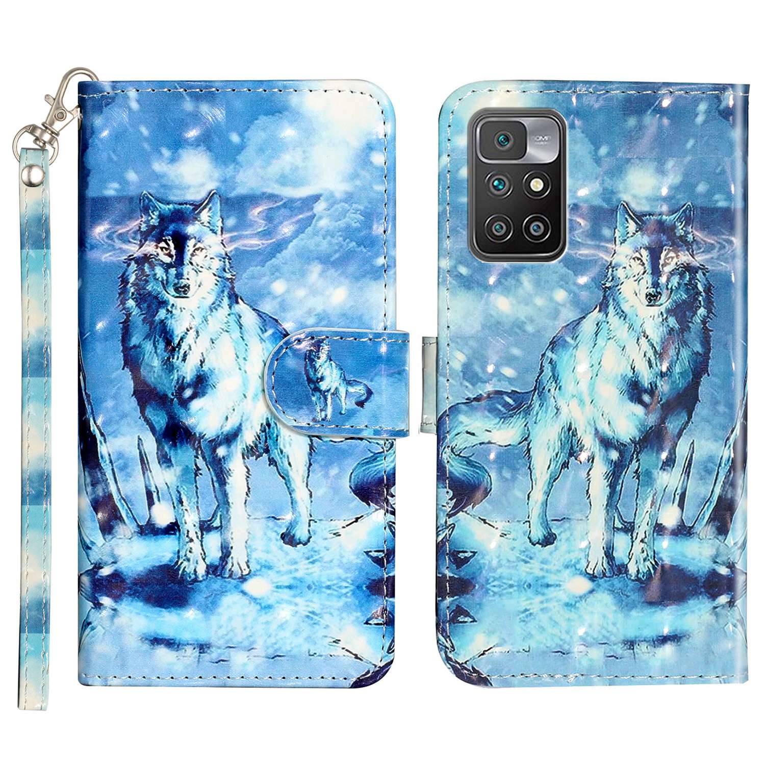 

Für Xiaomi Redmi 10 2022 4G Schutzhülle PU Lederständer Flip Cover 3D -muster Druckbrieftet Telefonhülle Mit Riemen - Schneewolf, Xiaomi Redmi 10 2022 4G