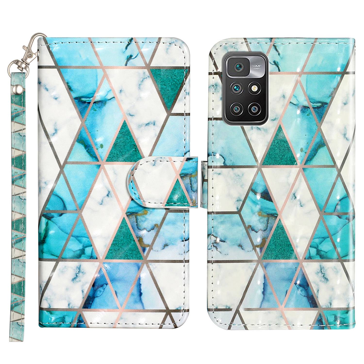 

Für Xiaomi Redmi 10 2022 4G Schutzhülle PU Lederständer Flip Cover 3D -muster Druckbrieftet Telefonhülle Mit Riemen - Grüner Marmor, Xiaomi Redmi 10 2022 4G