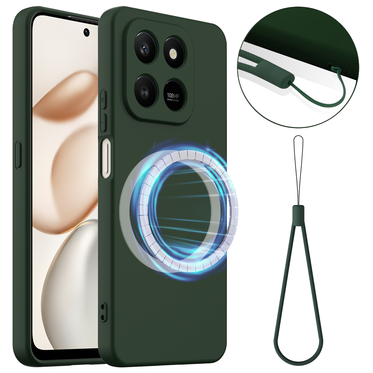 For Honor 400 Smart 5G / Honor X7d 4G / Honor X7d 5G / Honor 400 Smart 4G Magnetic Case Anti-Drop Liquid Silicone Phone Cover - Dark Green
