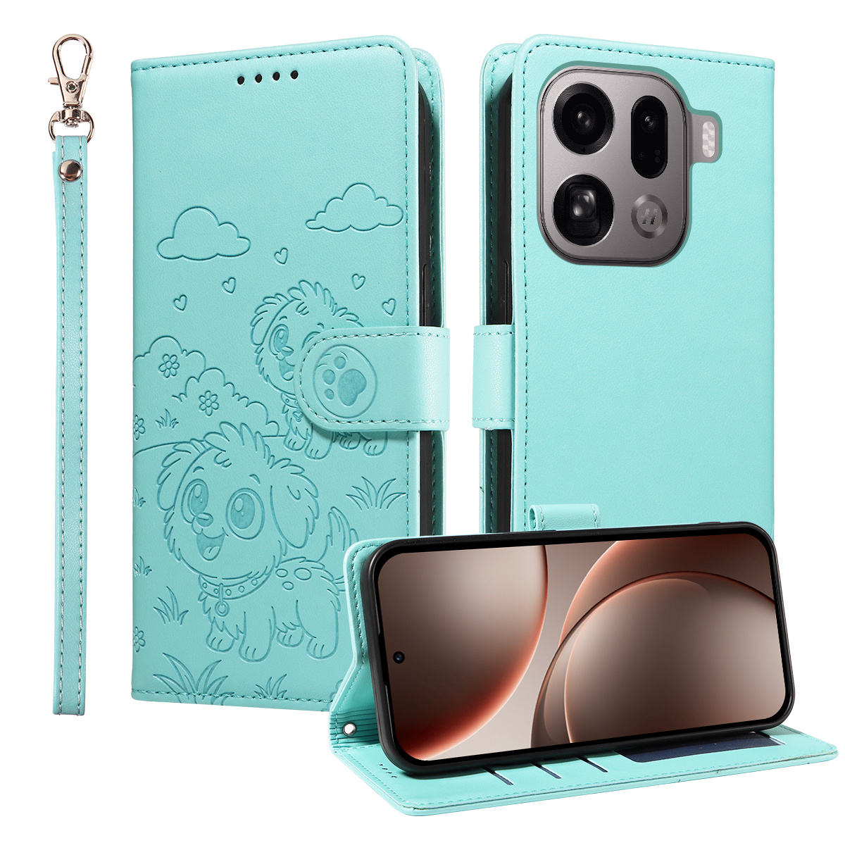 For Oppo Find X9 Pro 5G Case RFID Blocking Imprinted Dog Pattern PU Leather Phone Cover with Wrist Strap - Green
