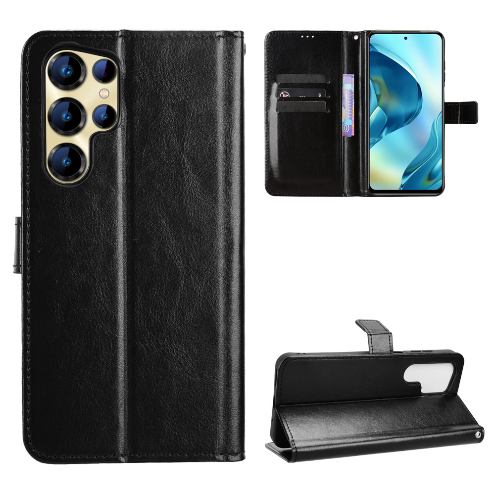 For Oukitel C68 PU Leather Case with Strap Crazy Horse Texture Phone Wallet Cover - Black