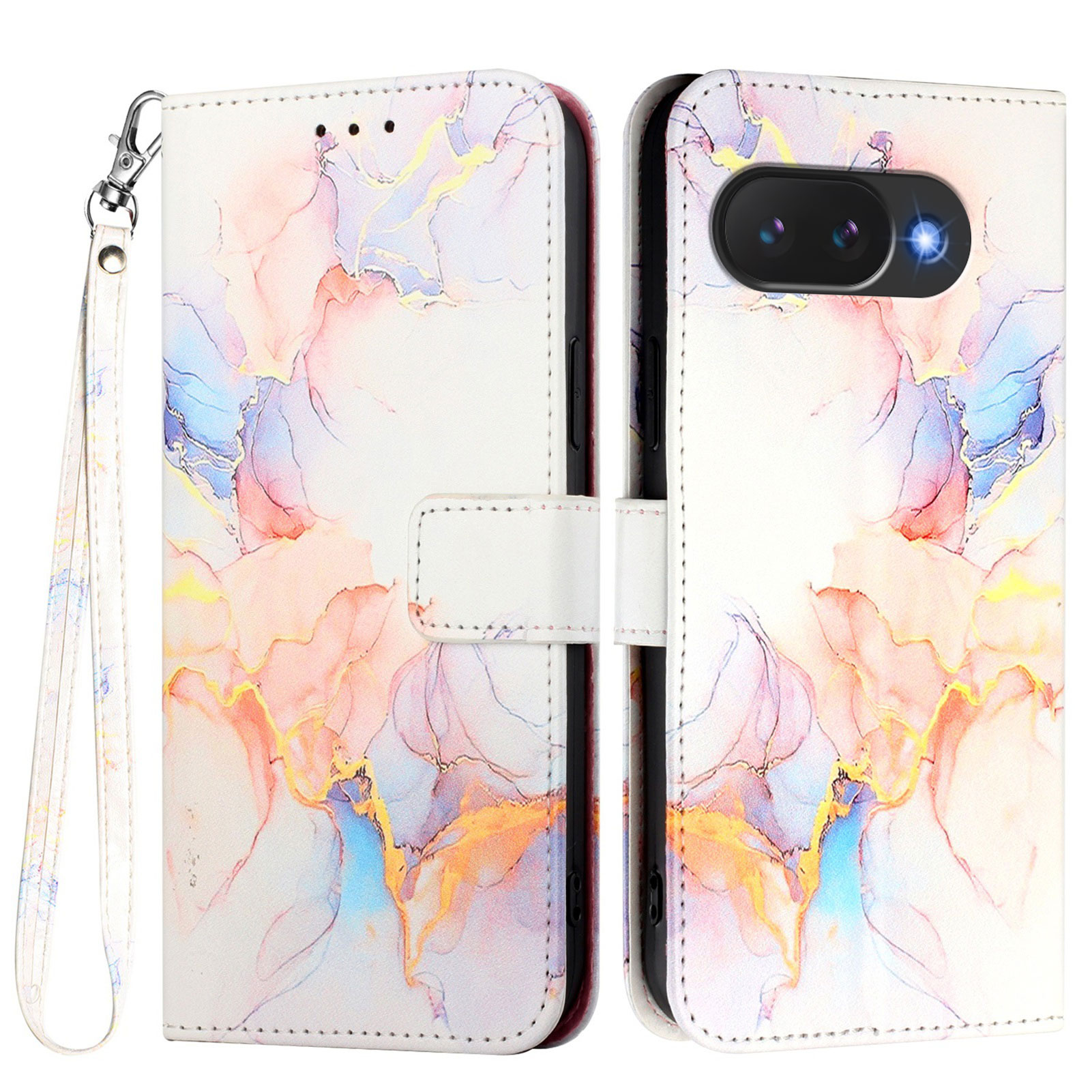 For Google Pixel 10a Case with Strap Marble Pattern Leather Phone Cover Card Holder - Milky Way Marble White LS004